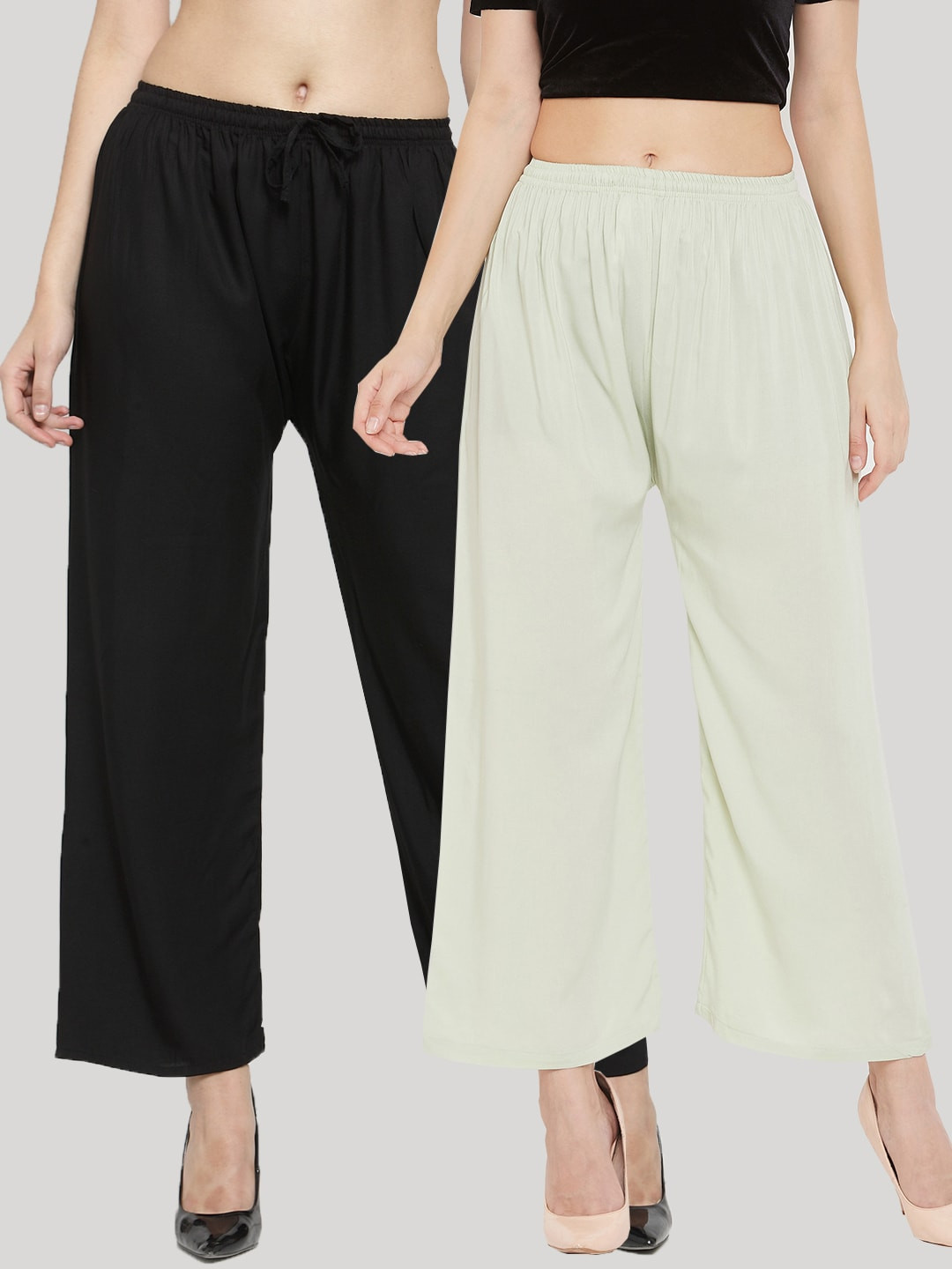 Clora Creation Women Multi Solid Pack of 2 Black & Pista Green Rayon Palazzo