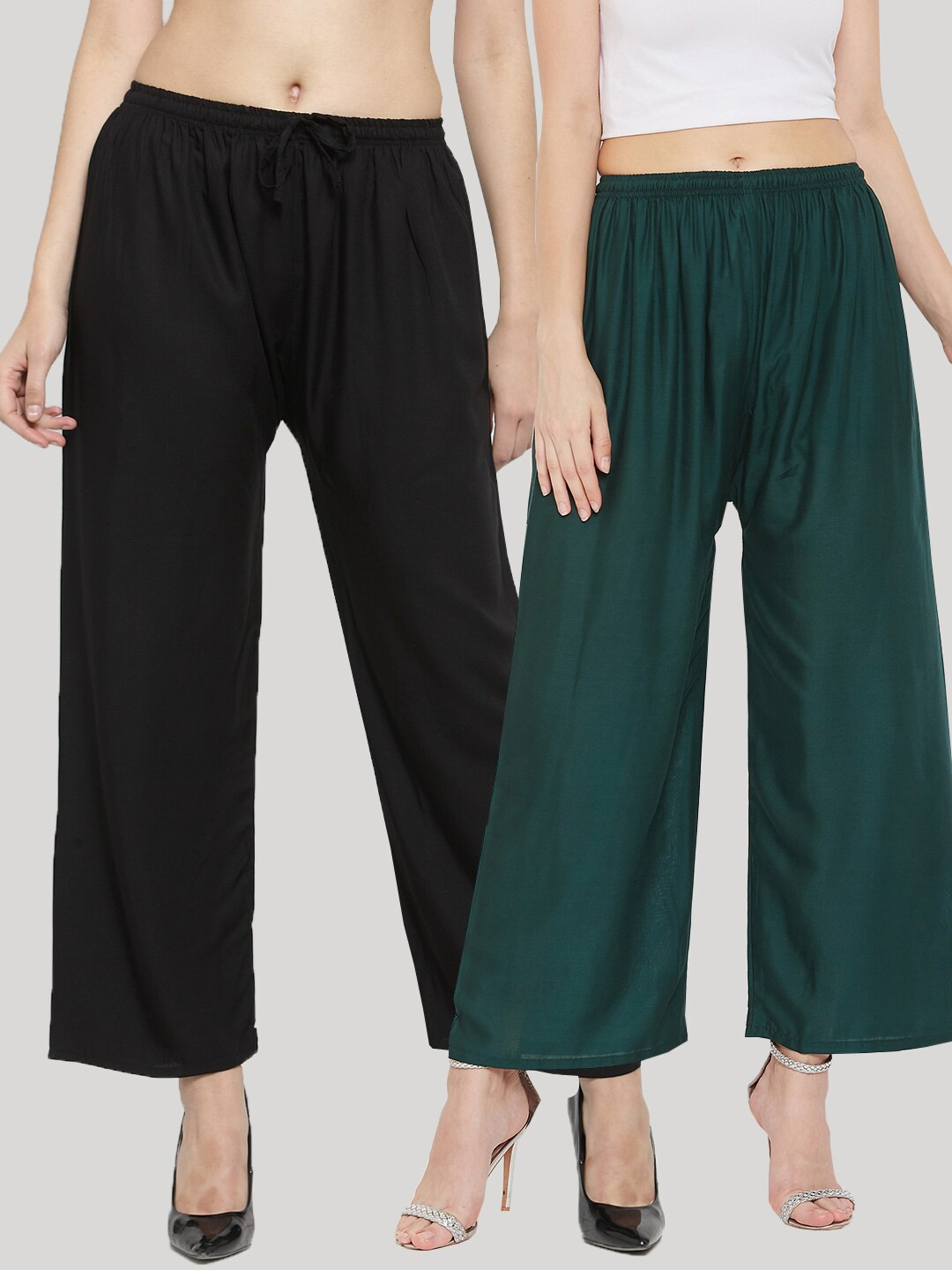 Clora Creation Women Multi Solid Pack of 2 Black & Bottle Green Rayon Palazzo