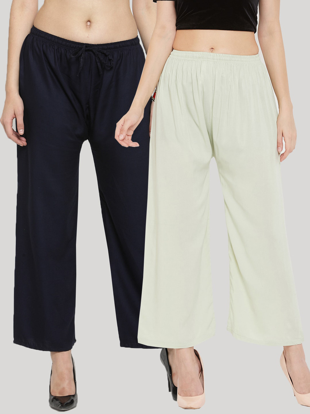 Clora Creation Women Multi Solid Pack of 2 Navy Blue & Pista Green  Rayon Palazzo