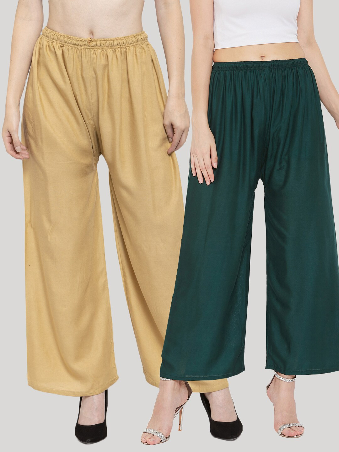 Clora Creation Women Multi Solid Pack of 2 Fawn & Bottle Green Rayon Palazzo