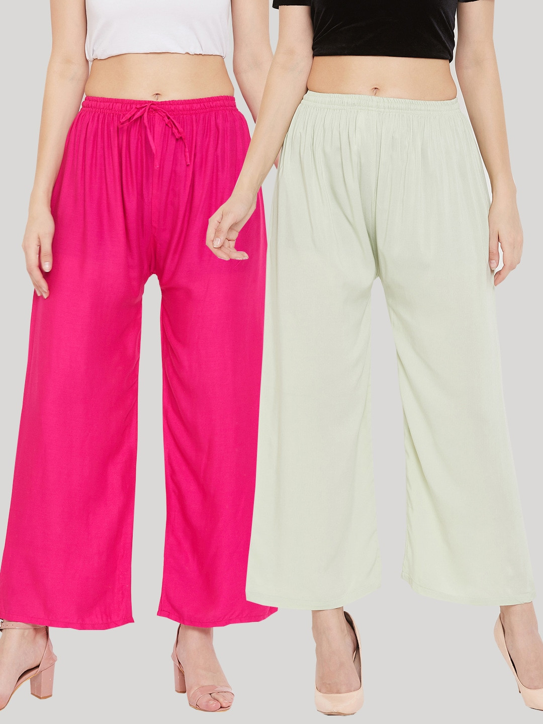 Clora Creation Women Multi Solid Pack of 2 Magenta & Pista Green Rayon Palazzo