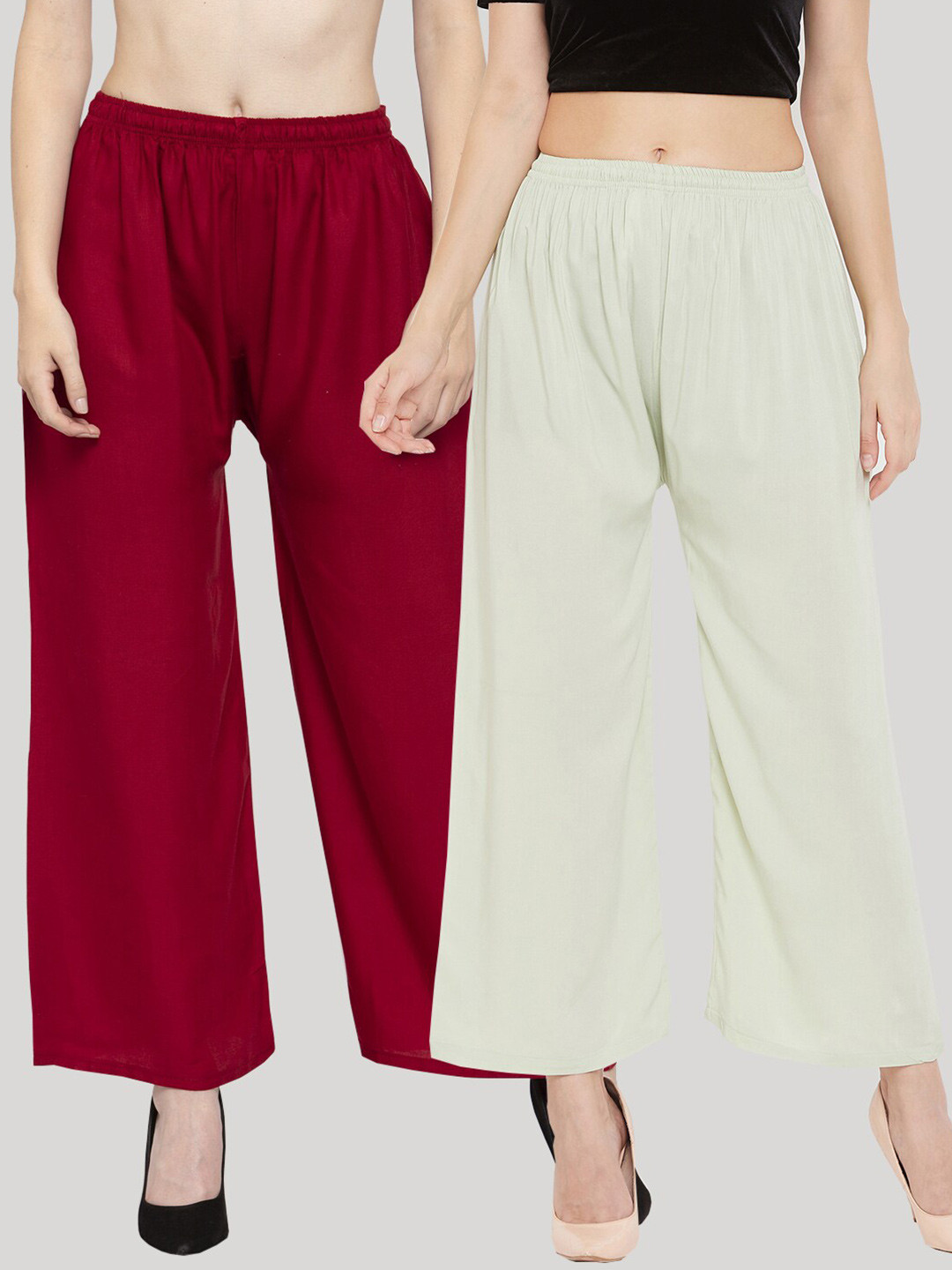 Clora Creation Women Multi Solid Pack of 2 Maroon & Pista GreenRayon Palazzo