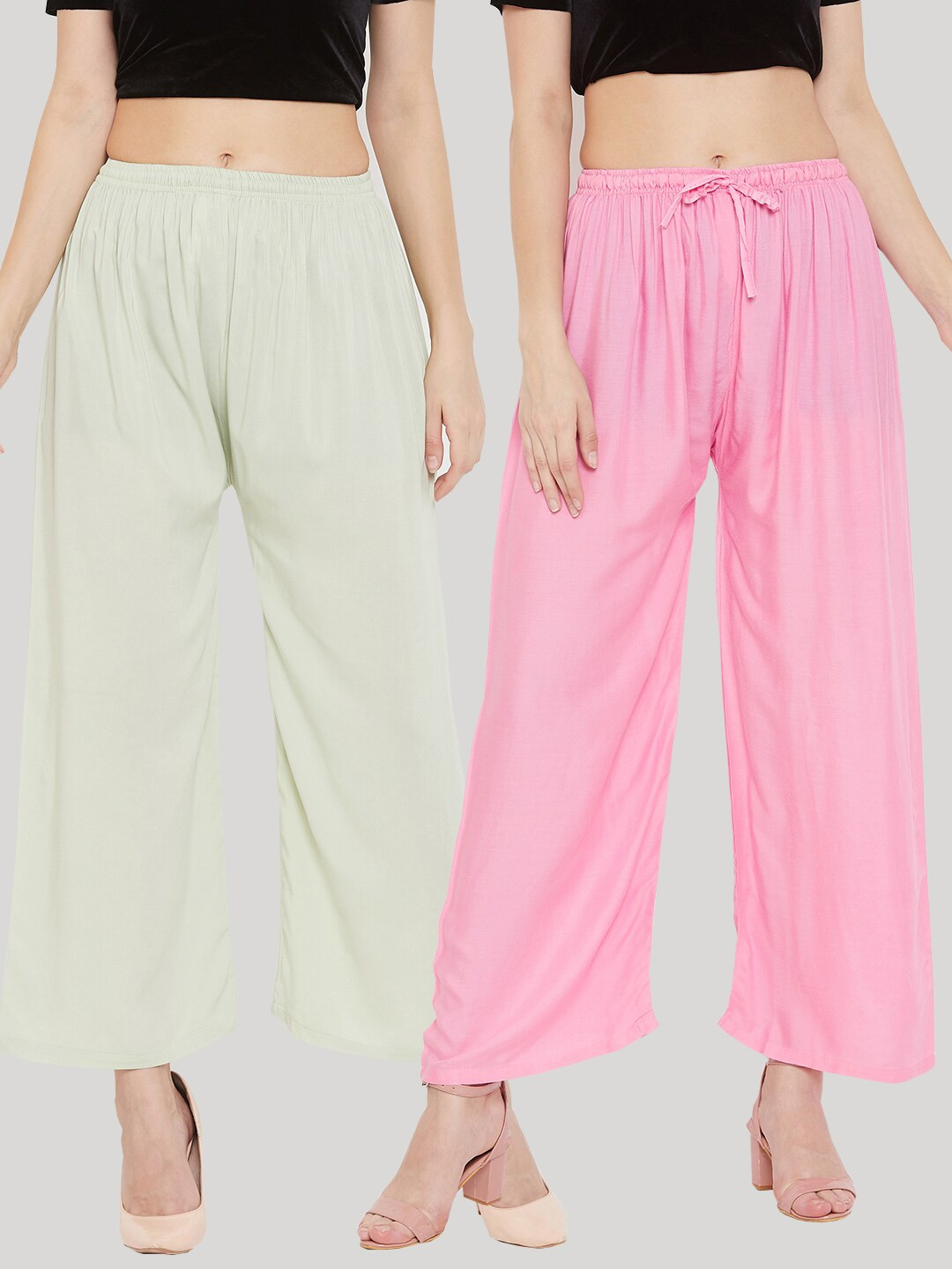 Clora Creation Women Multi Solid Pack of 2 Pista Green & Pink  Rayon Palazzo