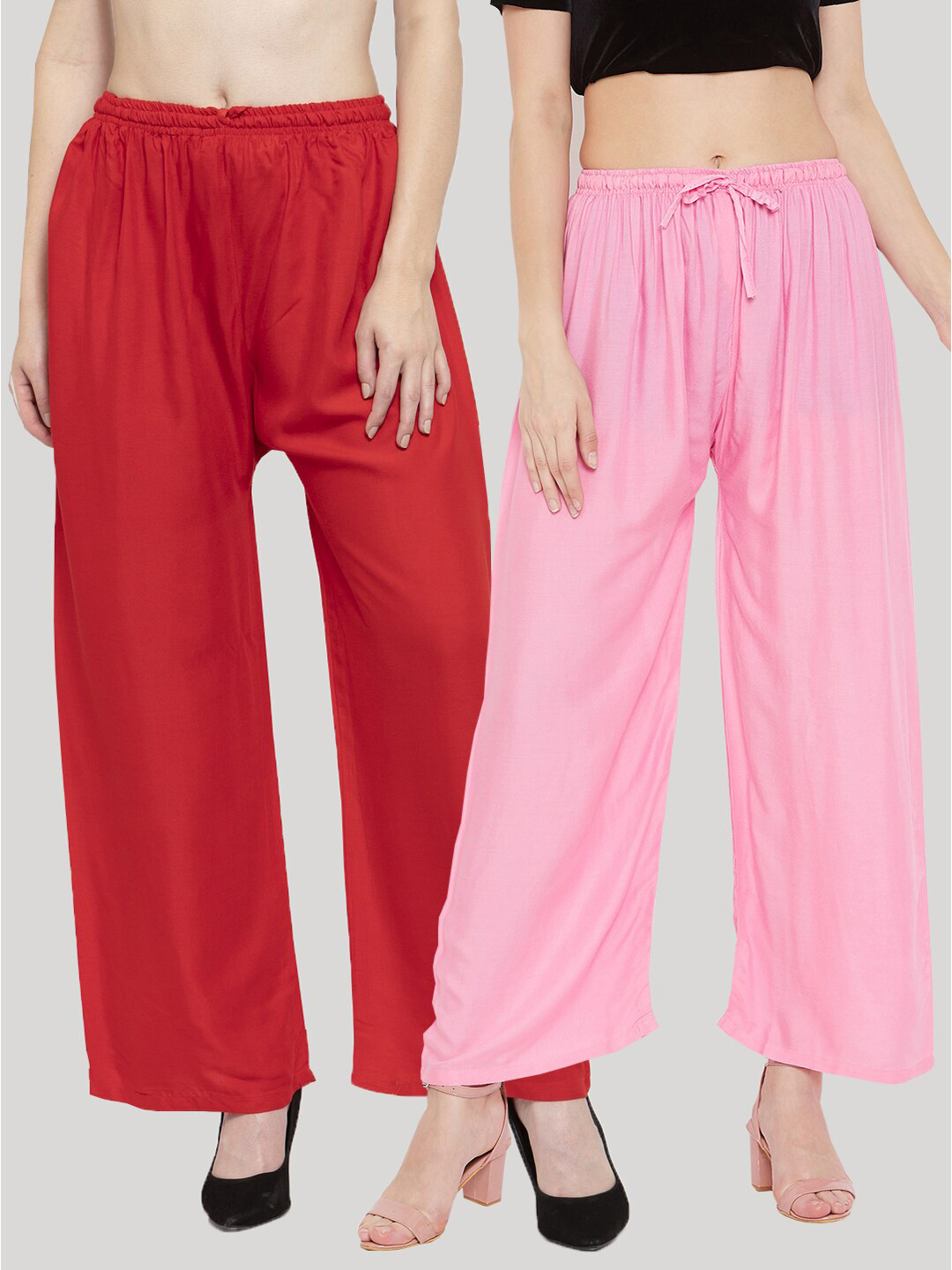 Clora Creation Women Multi Solid Pack of 2 Red & Pink Rayon Palazzo