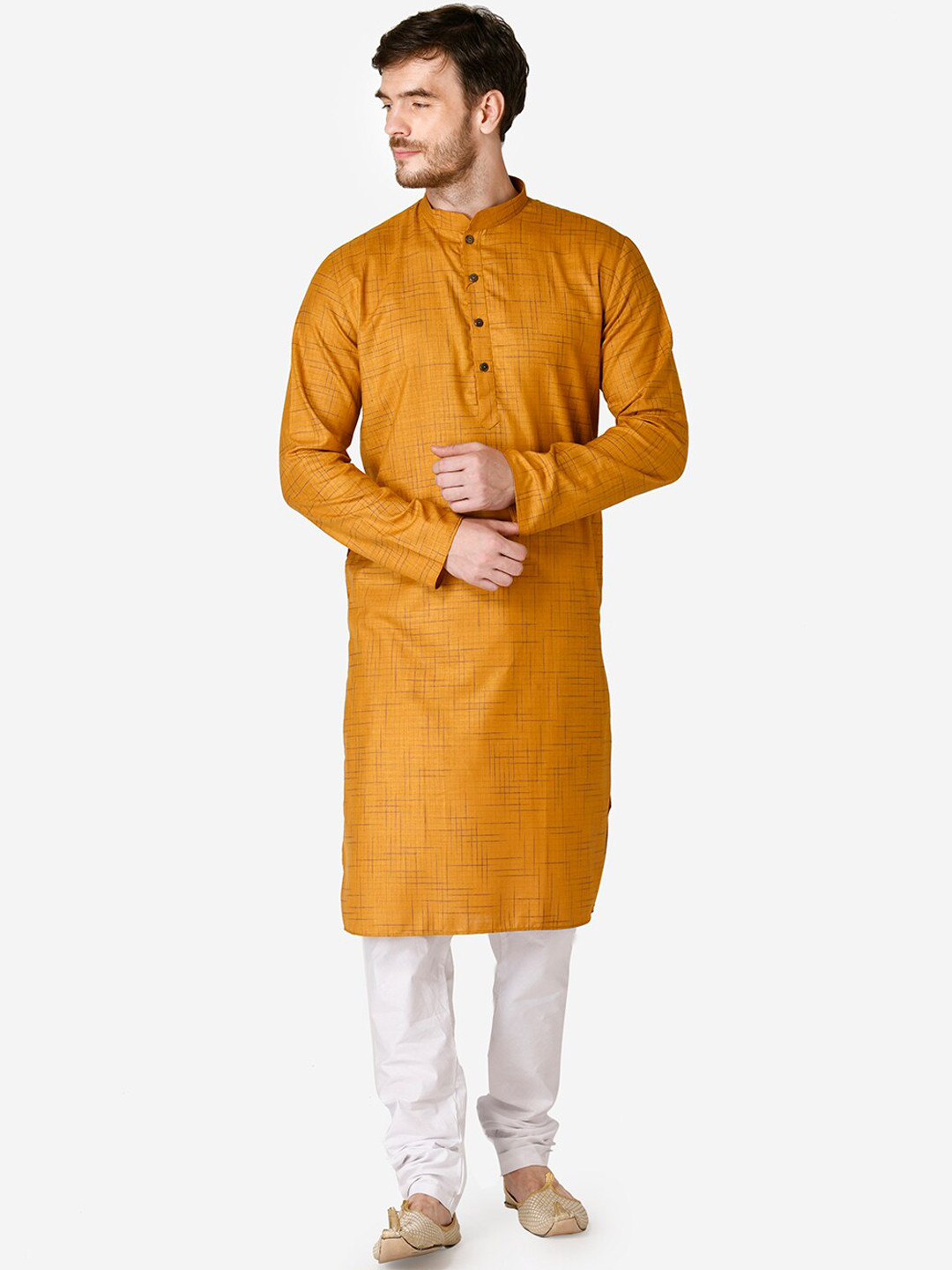 TABARD Men Mustard Yellow & White Cotton Checks Kurta with Churidar