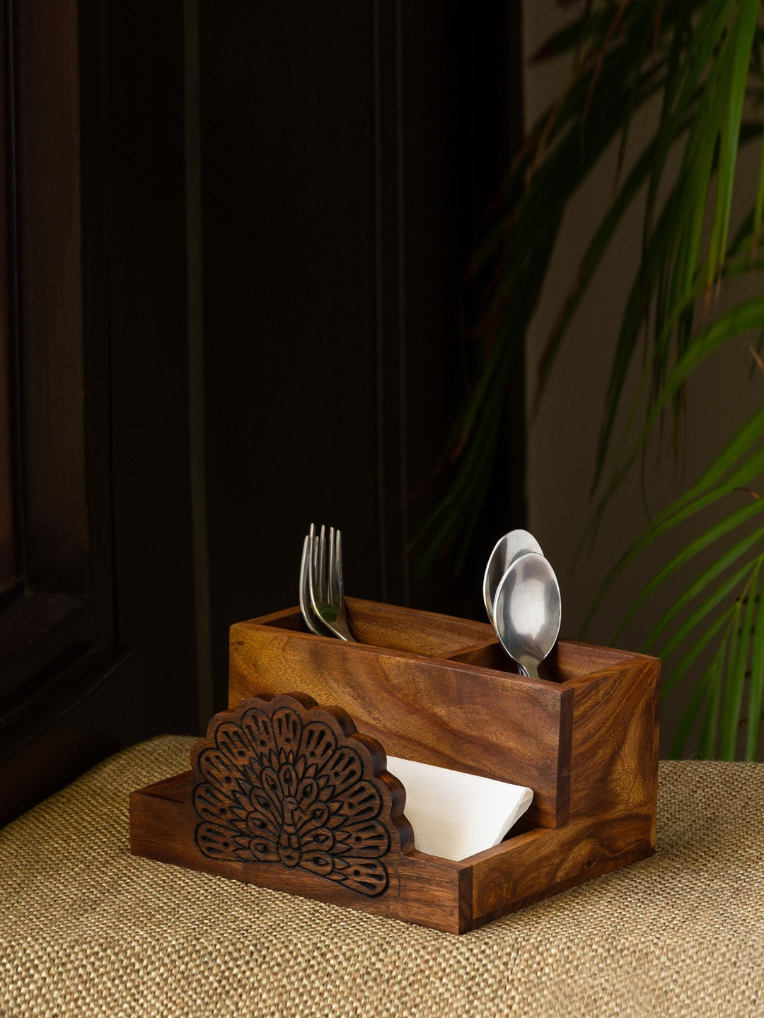 ExclusiveLane Brown Hand Carved Wooden Cutlery Stationery Holder