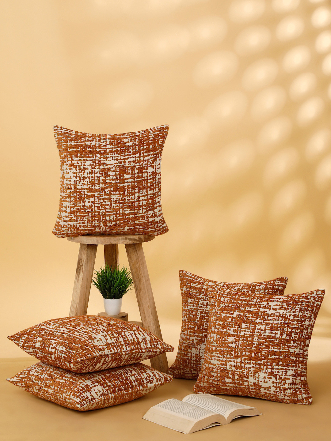 ROSARA HOME  Rust Self Design Set Of 5 Jacquard Square Cushion Covers