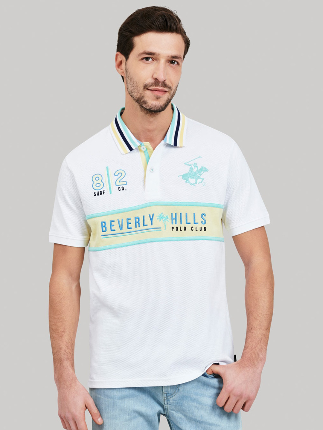Beverly Hills Polo Club Men White Self Design Polo Collar T-shirt