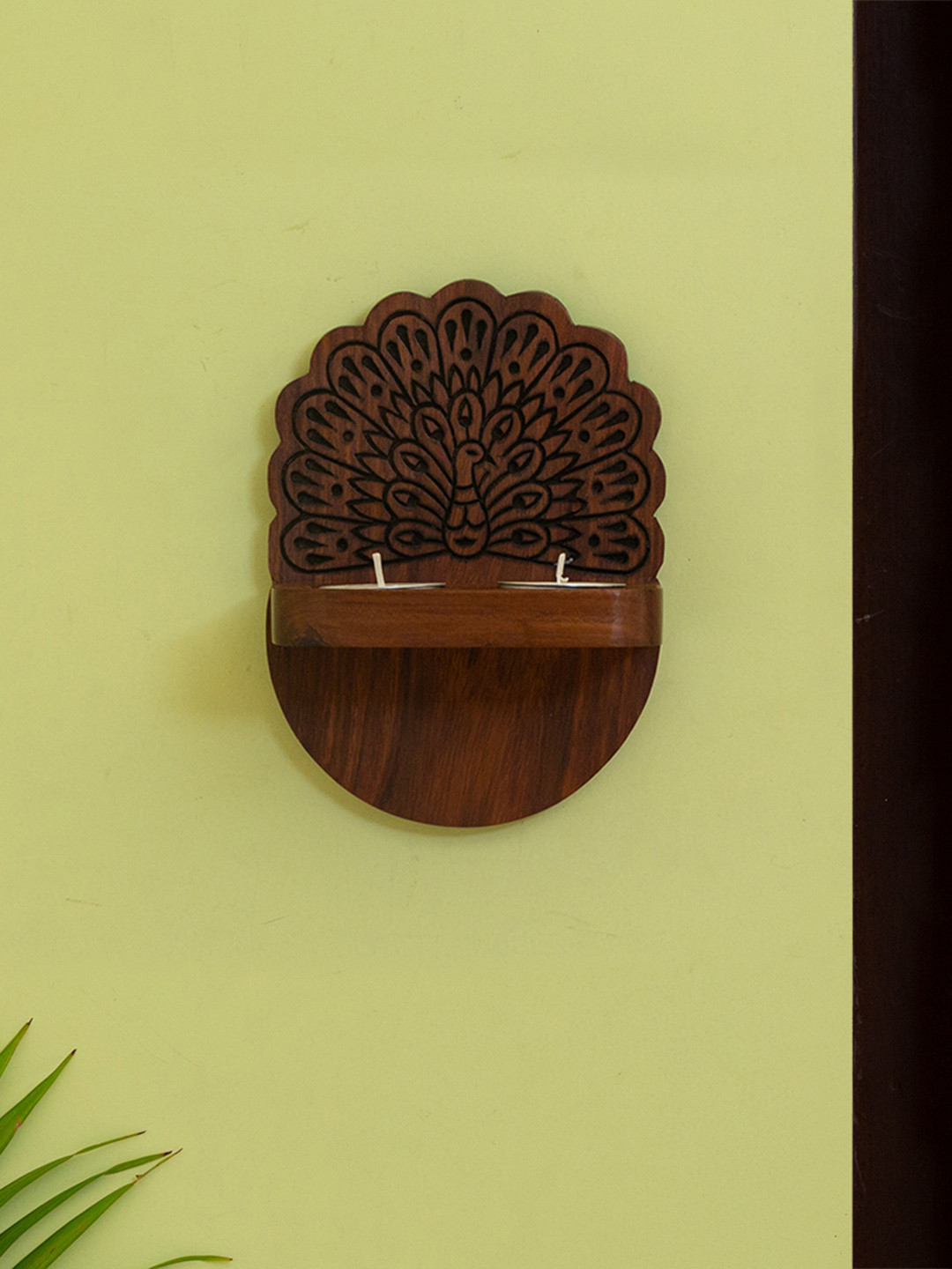 ExclusiveLane Brown Peacock Hand Carved Wooden Wall Tea Light Holder