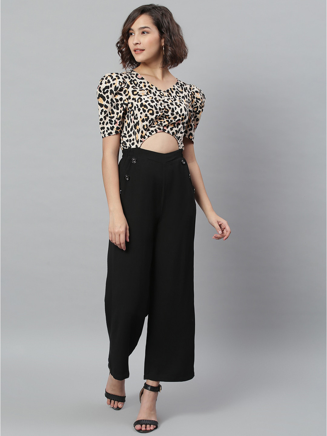KASSUALLY Women Black & Cream-Coloured Colourblocked Leopard Printed Basic Jumpsuit