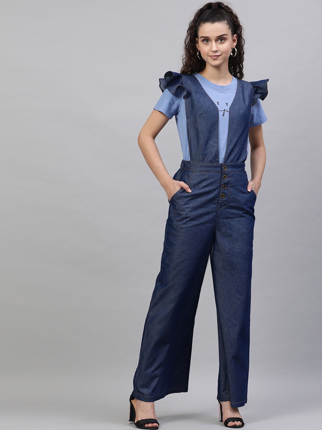 STREET 9 Women Blue Solid Denim Front Open Jumpsuit