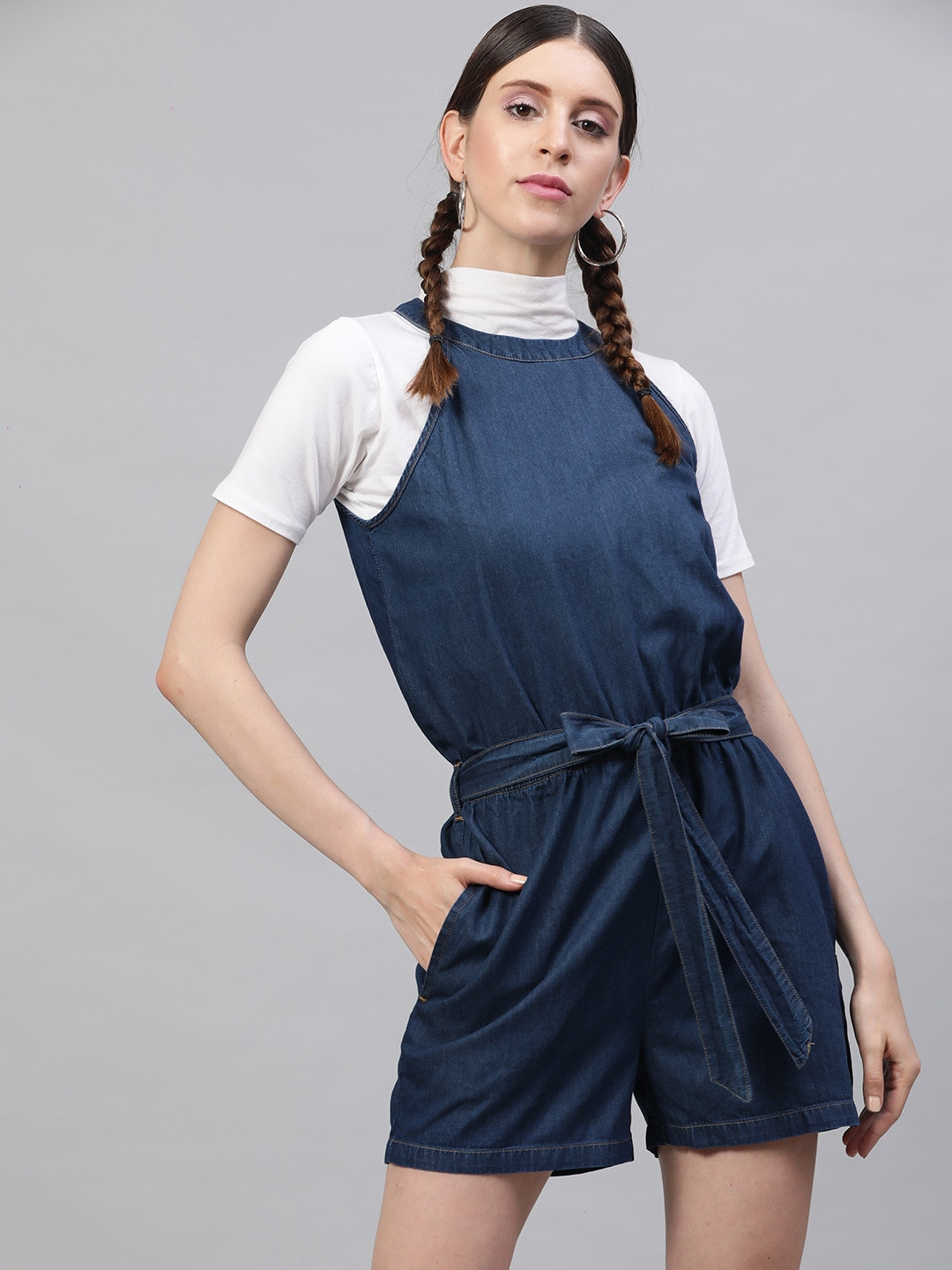 STREET 9 Women Navy Blue Solid Denim Playsuit