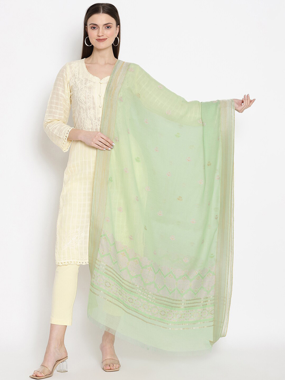 SHINGORA Green & Pink Woven Design Dupatta