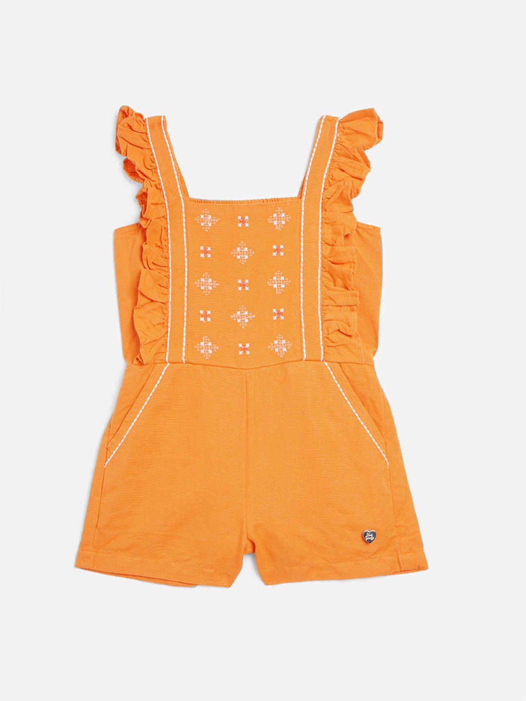 Blue Giraffe Girls Orange & White Solid Playsuit