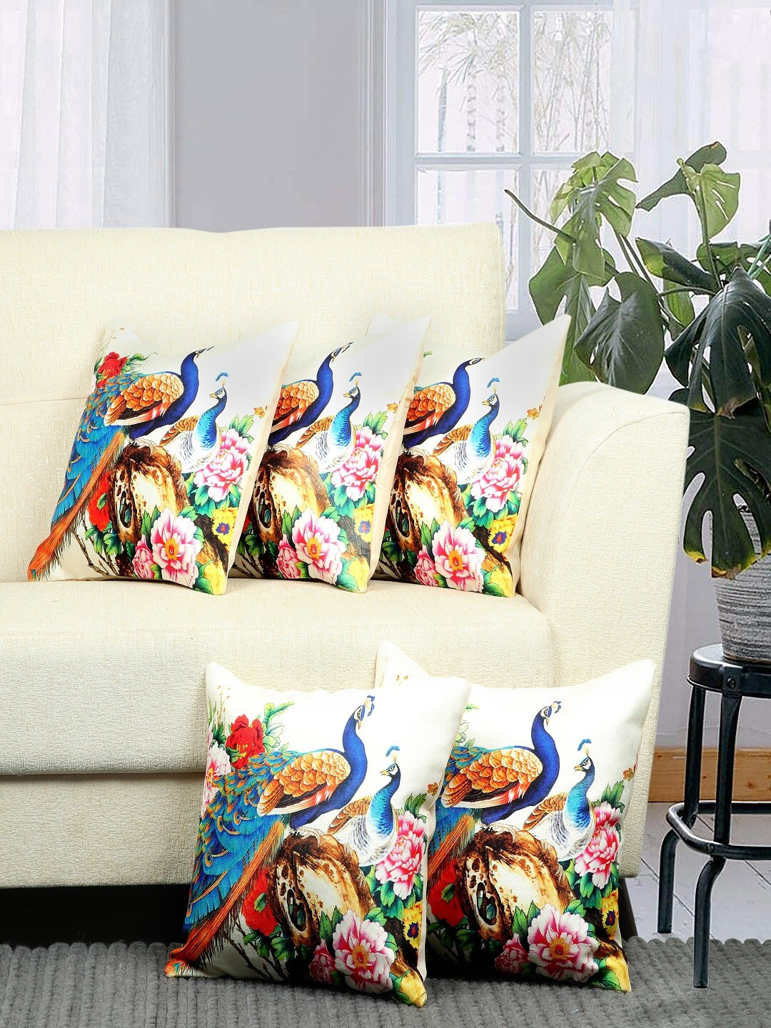 BELLA TRUE Peacock White Graphic Polyester Silk Washable 5 Pcs Cushion Covers -16x16In