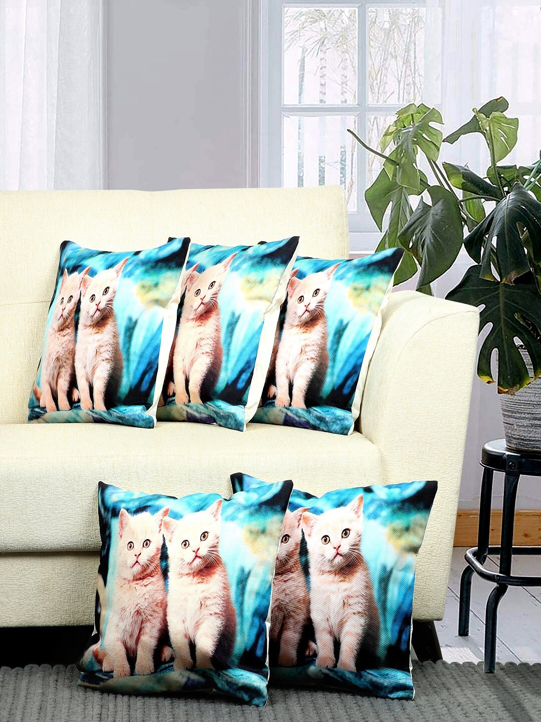 BELLA TRUE Cat Blue Animal Polyester Washable 5 Pcs Square Cushion Covers - 15.7 x 15.7 In