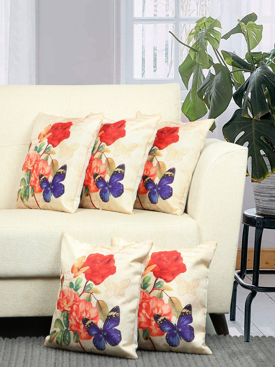 BELLA TRUE Cream Floral Polyester Washable 5 Piece Textured Square Cushion Covers -16x16In