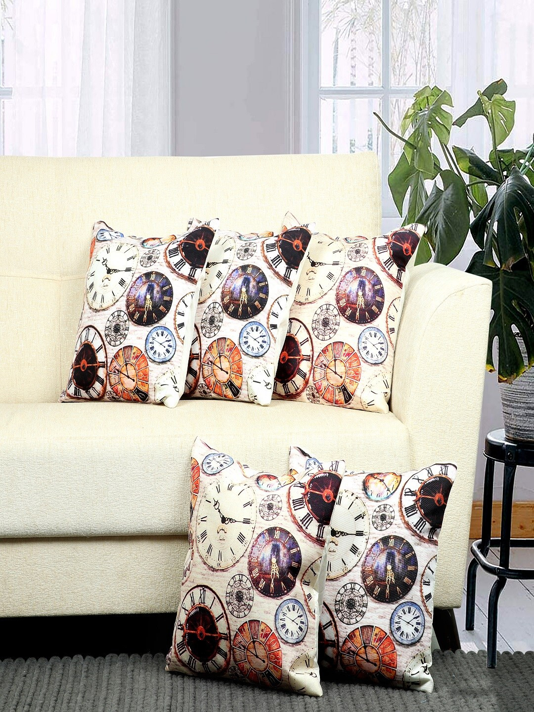 BELLA TRUE Beige Geometric Polyester Washable 5 Pcs Square Cushion Covers - 15.7x15.7In