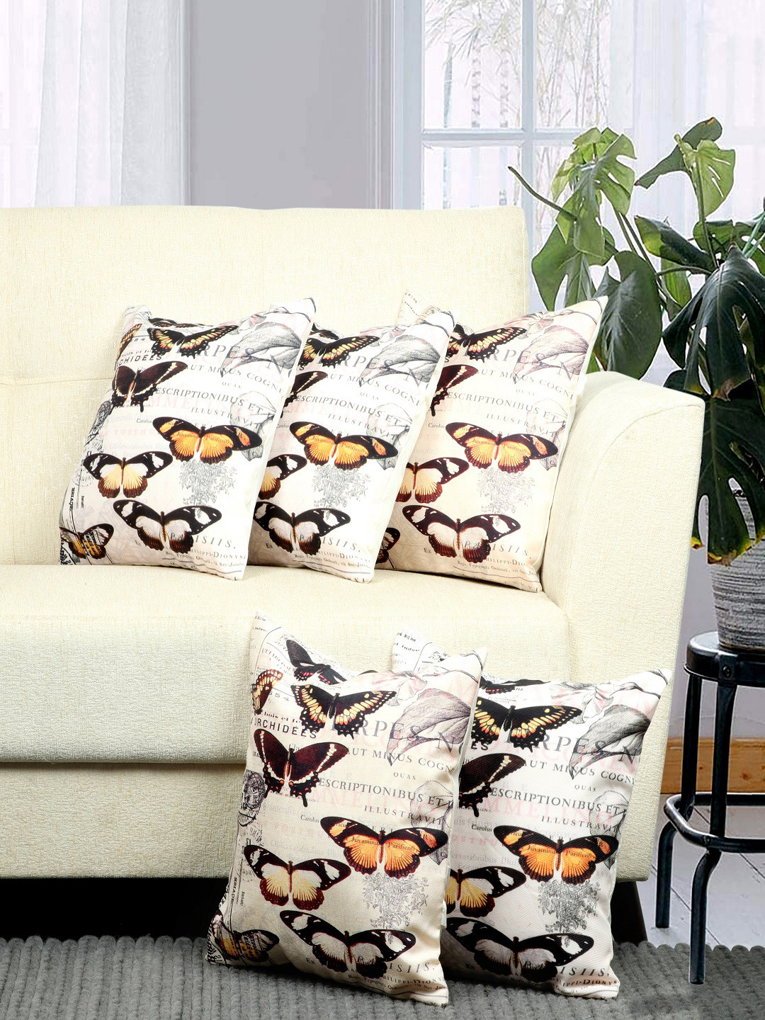 BELLA TRUE Cream-Coloured & Brown Set of 5 Butterfly Printed Square Cushion Covers