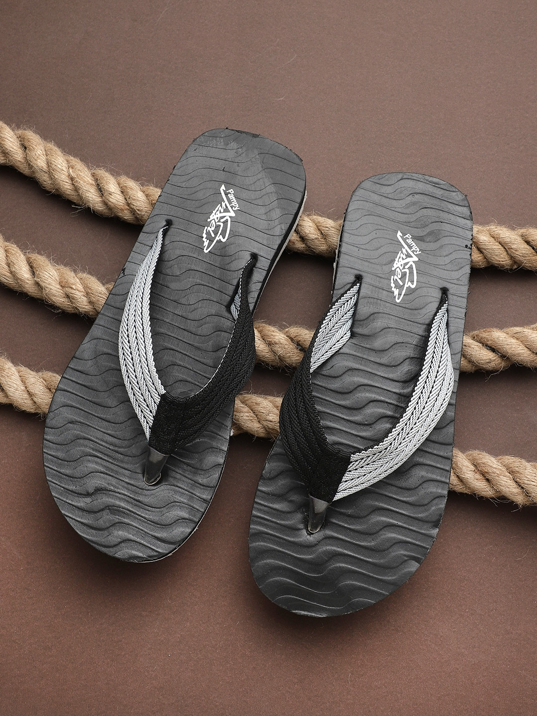 Pampy Angel Men Black & Grey Colourblocked Water Resistant Thong Flip-Flops