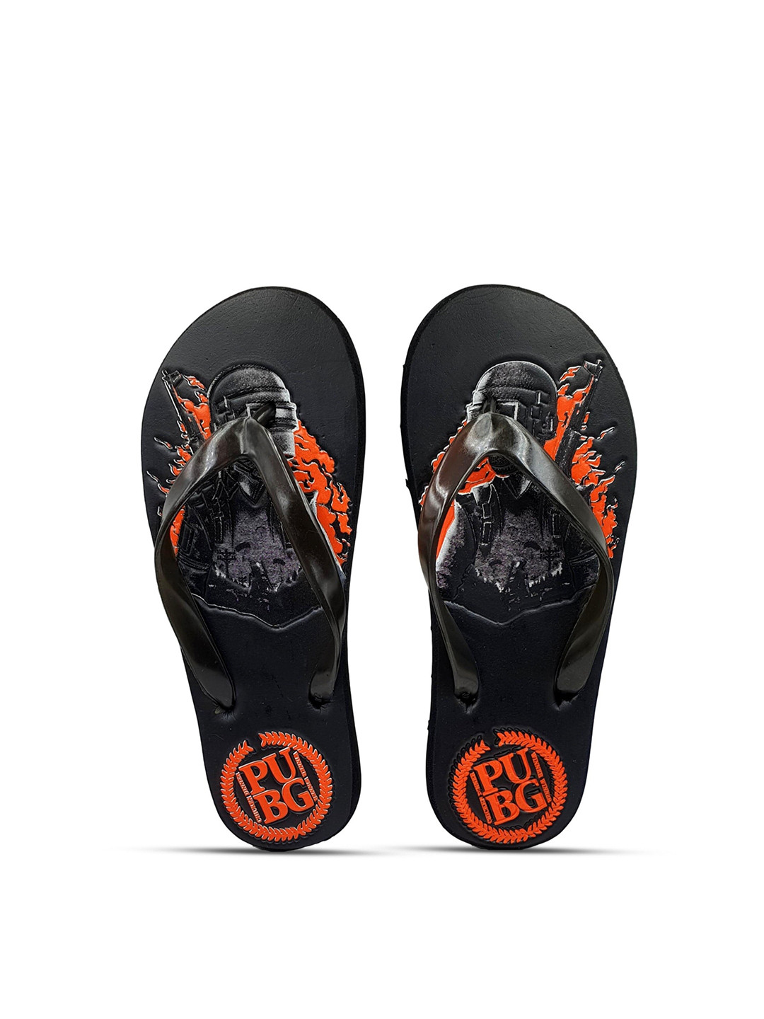 Pampy Angel Men Black & Orange PUBG Printed Thong Flip-Flops