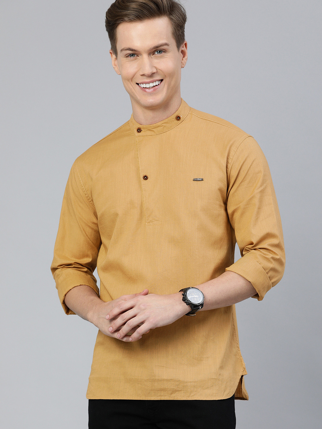 The Indian Garage Co Men Khaki Solid Short Kurta