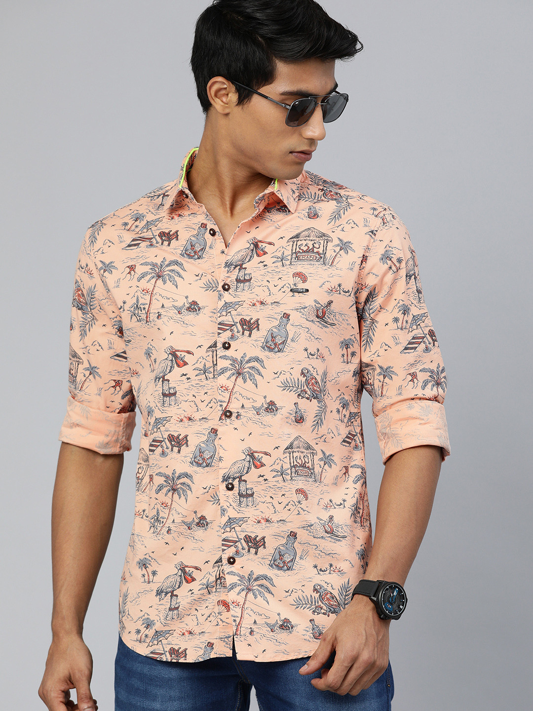 The Indian Garage Co Men Peach Slim Fit Printed Casual Shirt