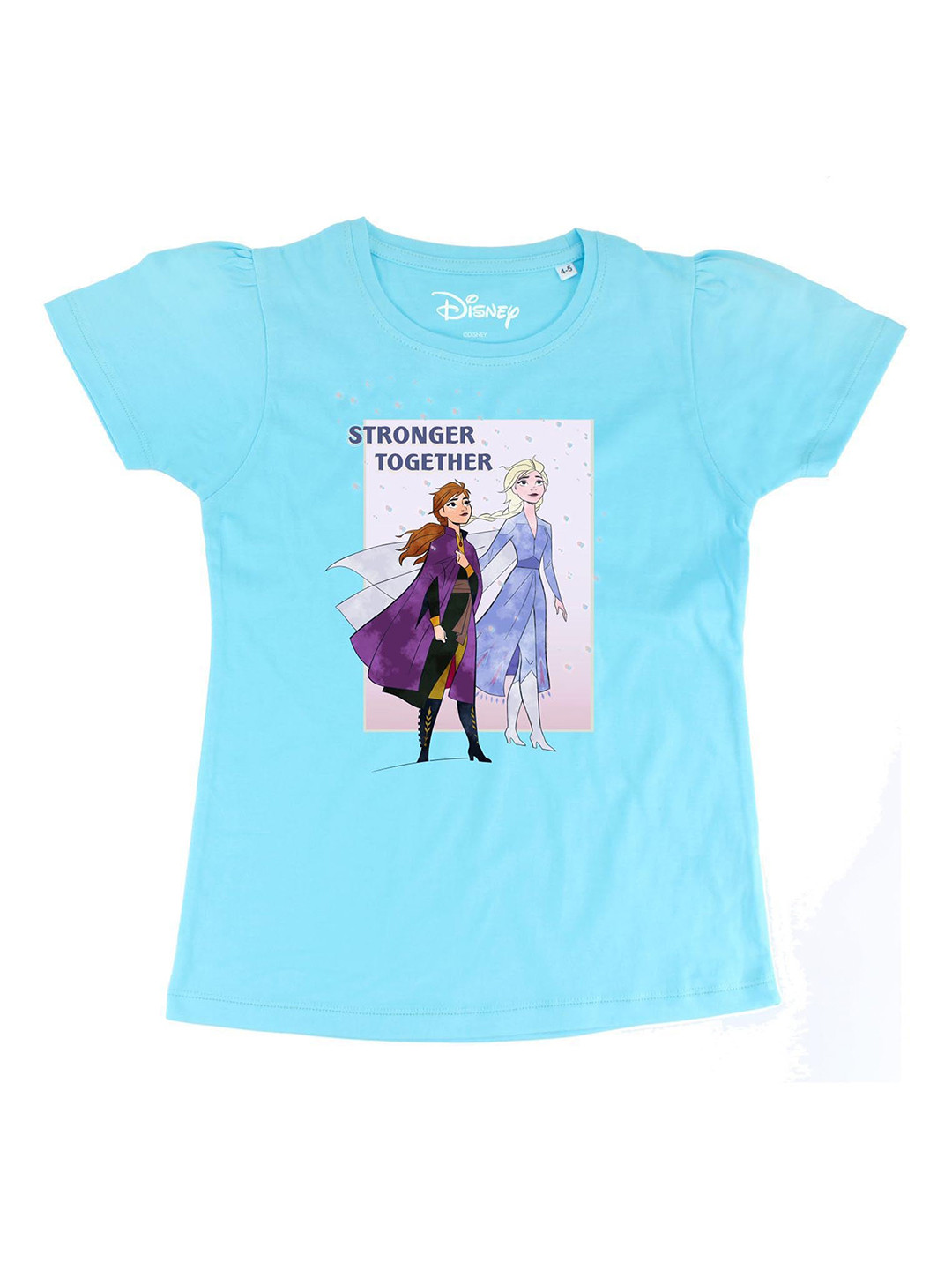 Frozen Girls Blue Printed Elsa & Anna Cotton Round Neck T-shirt