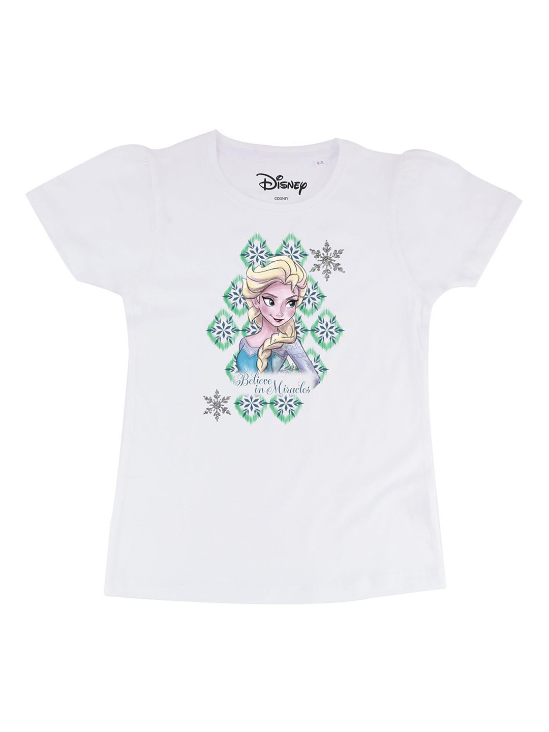Frozen Girls White Elsa Printed Round Neck Cotton T-shirt