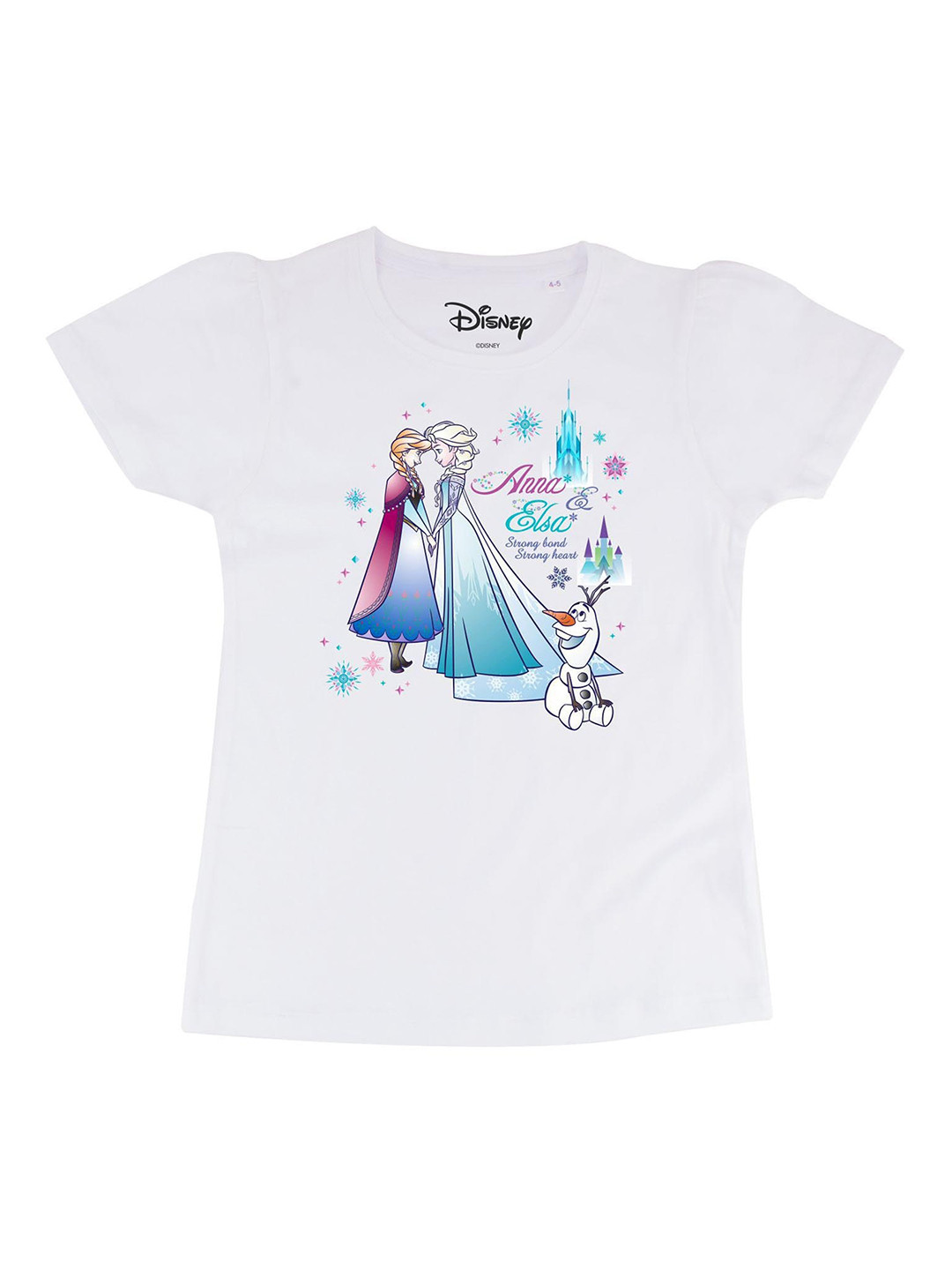 Frozen Girls White Elsa & Anna Printed Round Neck Cotton T-shirt