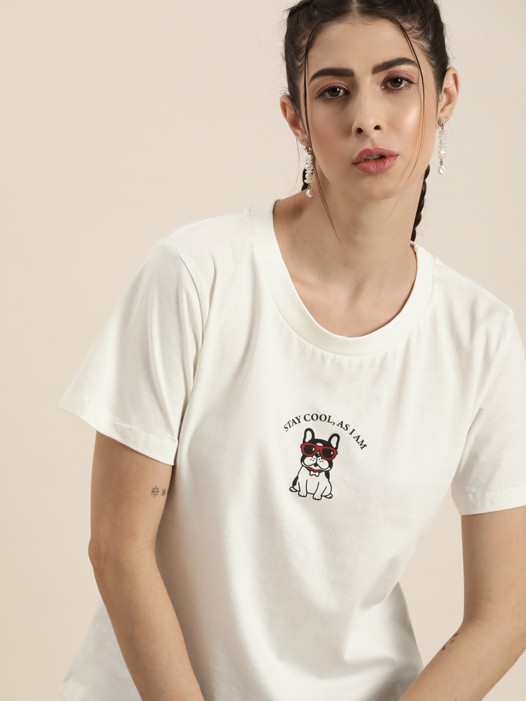 Moda Rapido Women Off White T-shirt With Printed Detailing