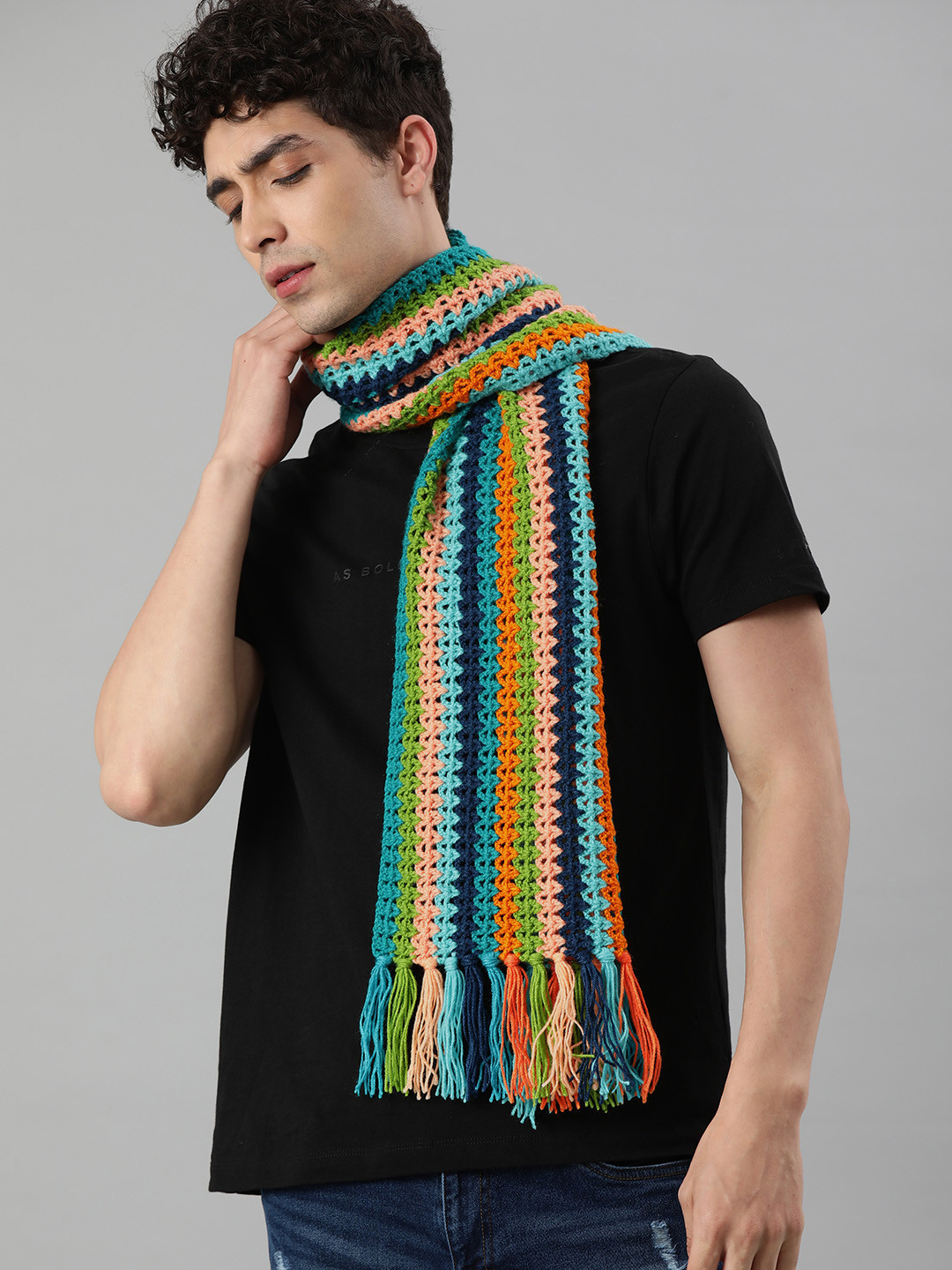 Magic Needles Unisex Multicoloured Self Design Knitted Scarf With Tassels