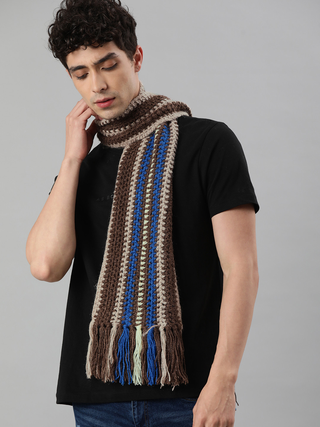 Magic Needles Unisex Brown & Blue Striped Knitted Scarf with Tassels