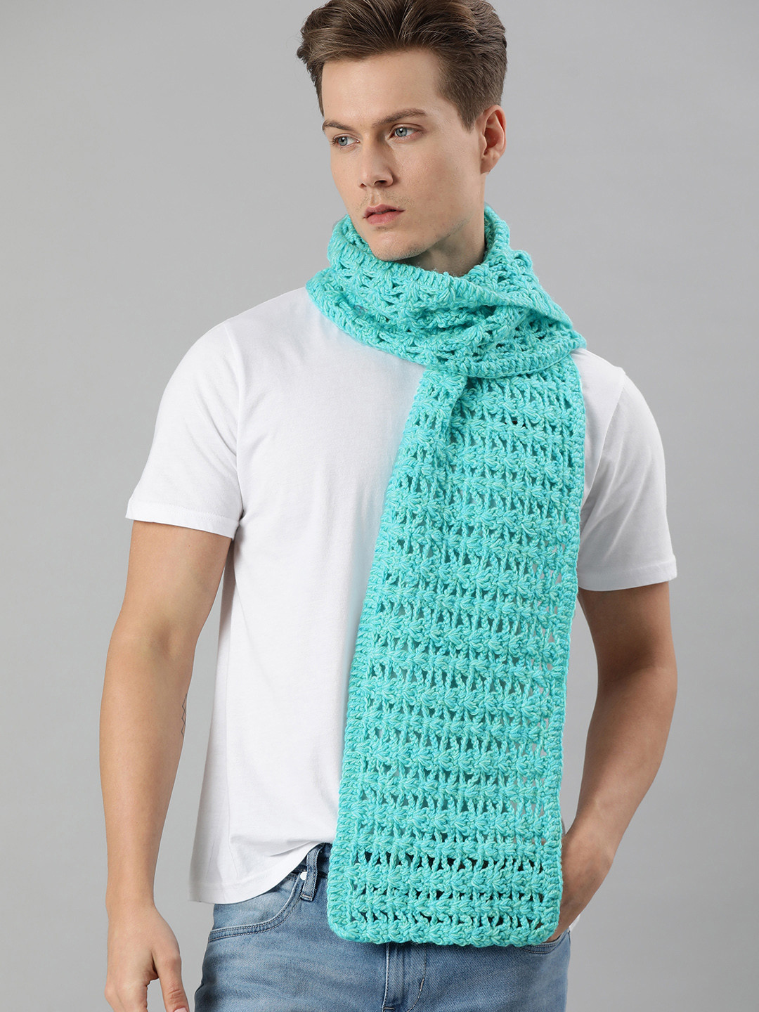 Magic Needles Unisex Turquoise Blue Self Design Knitted Scarf