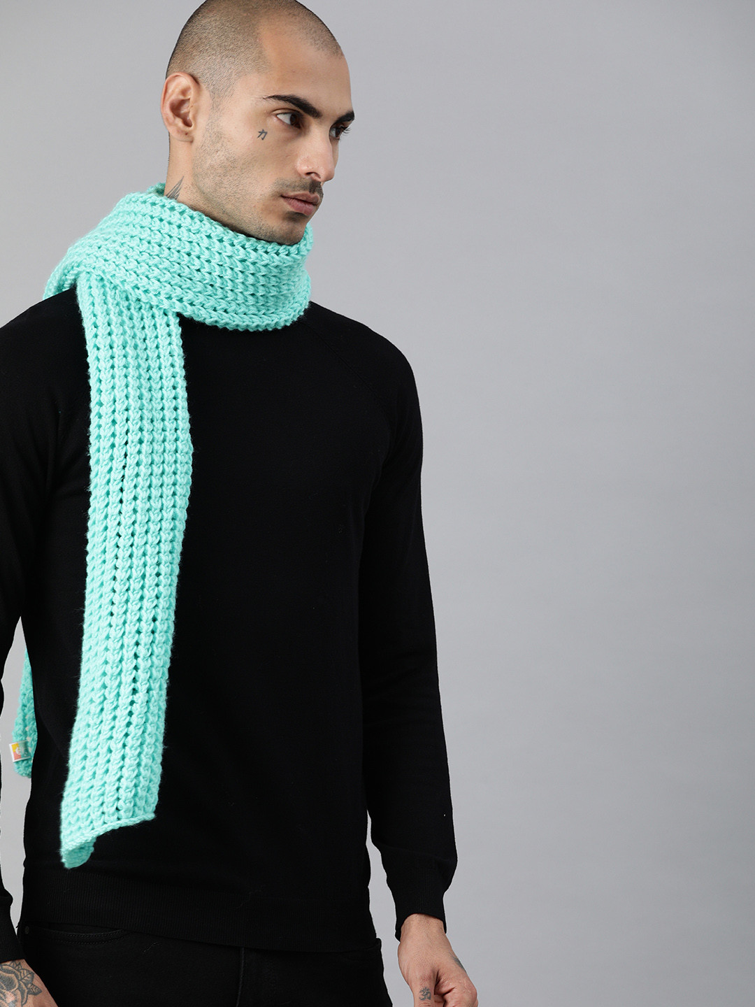 Magic Needles Unisex Sea Green Self Design Knitted Scarf
