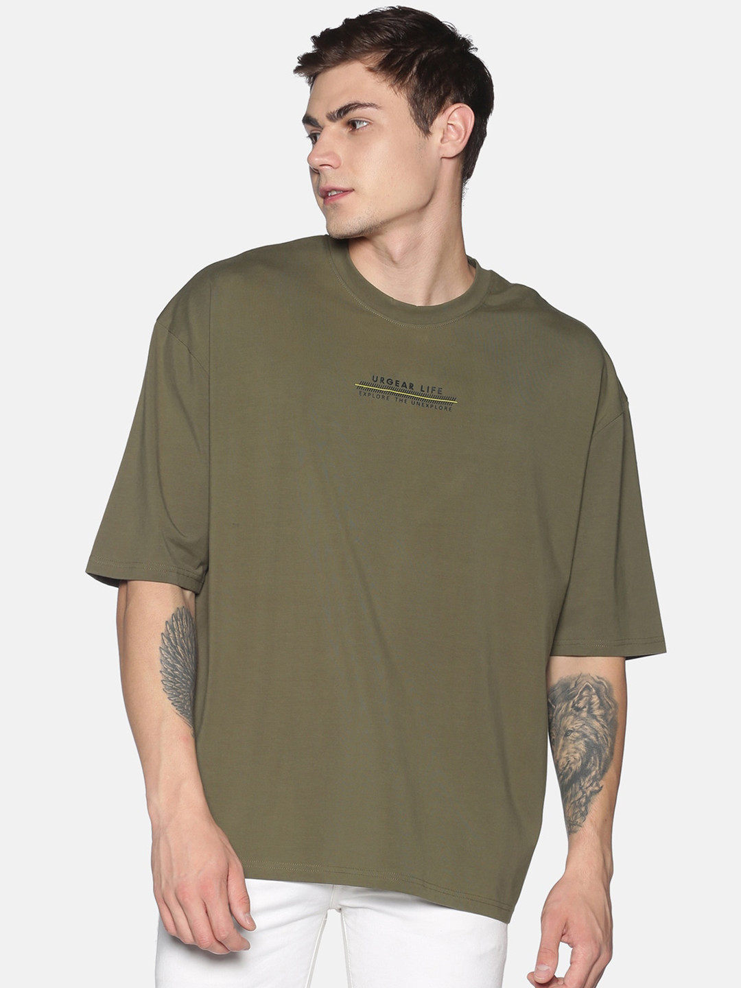 UrGear Men Olive Green Solid Round Neck Pure Cotton Oversized Pure Cotton T-shirt