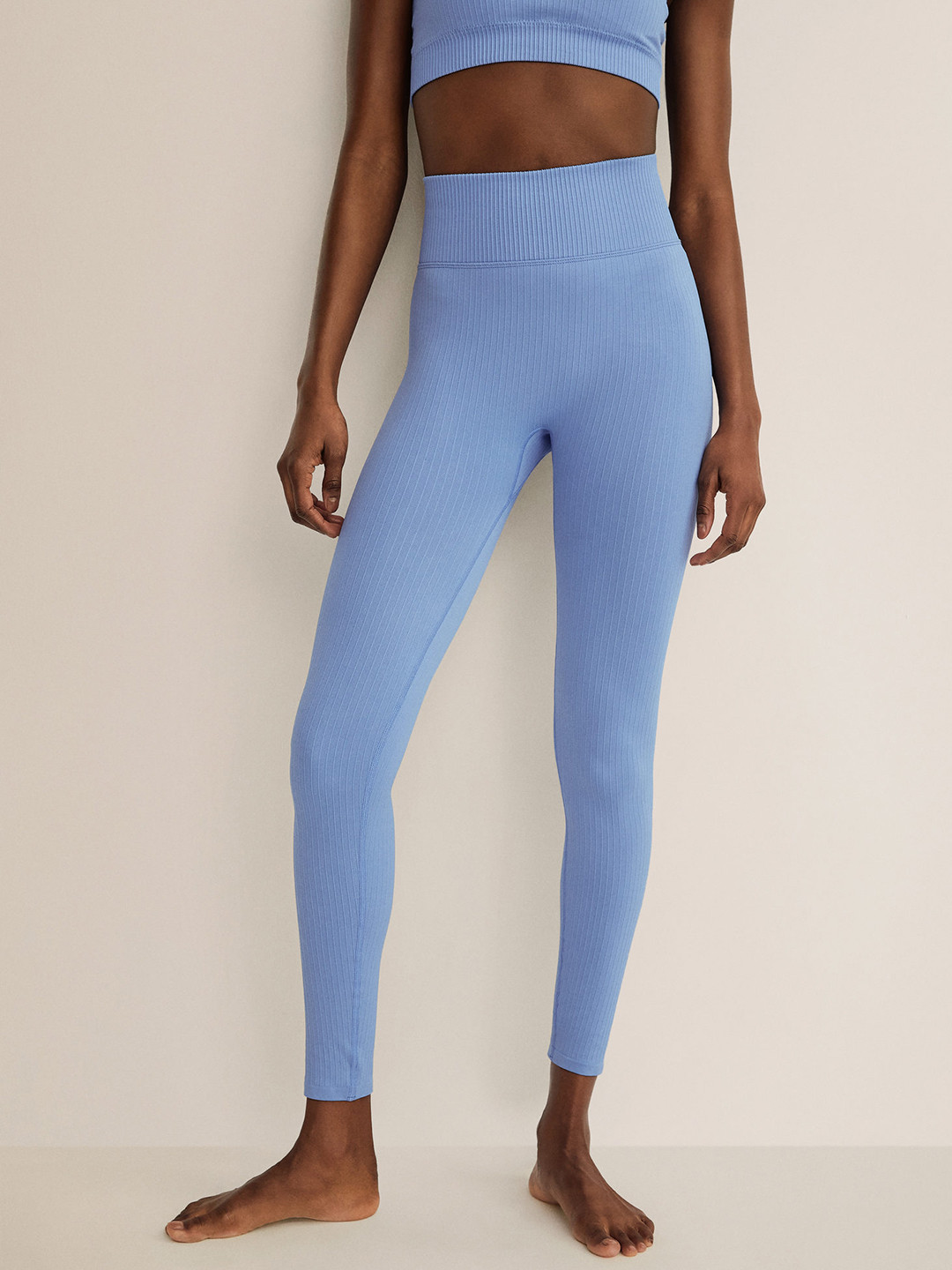 MANGO Women Blue High-Rise Ribbed Seamless Leggings