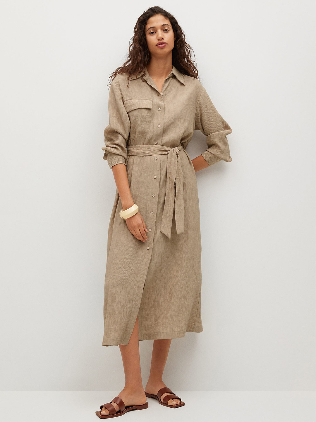 MANGO Women Beige Solid Shirt Dress With Waist Tie-Ups