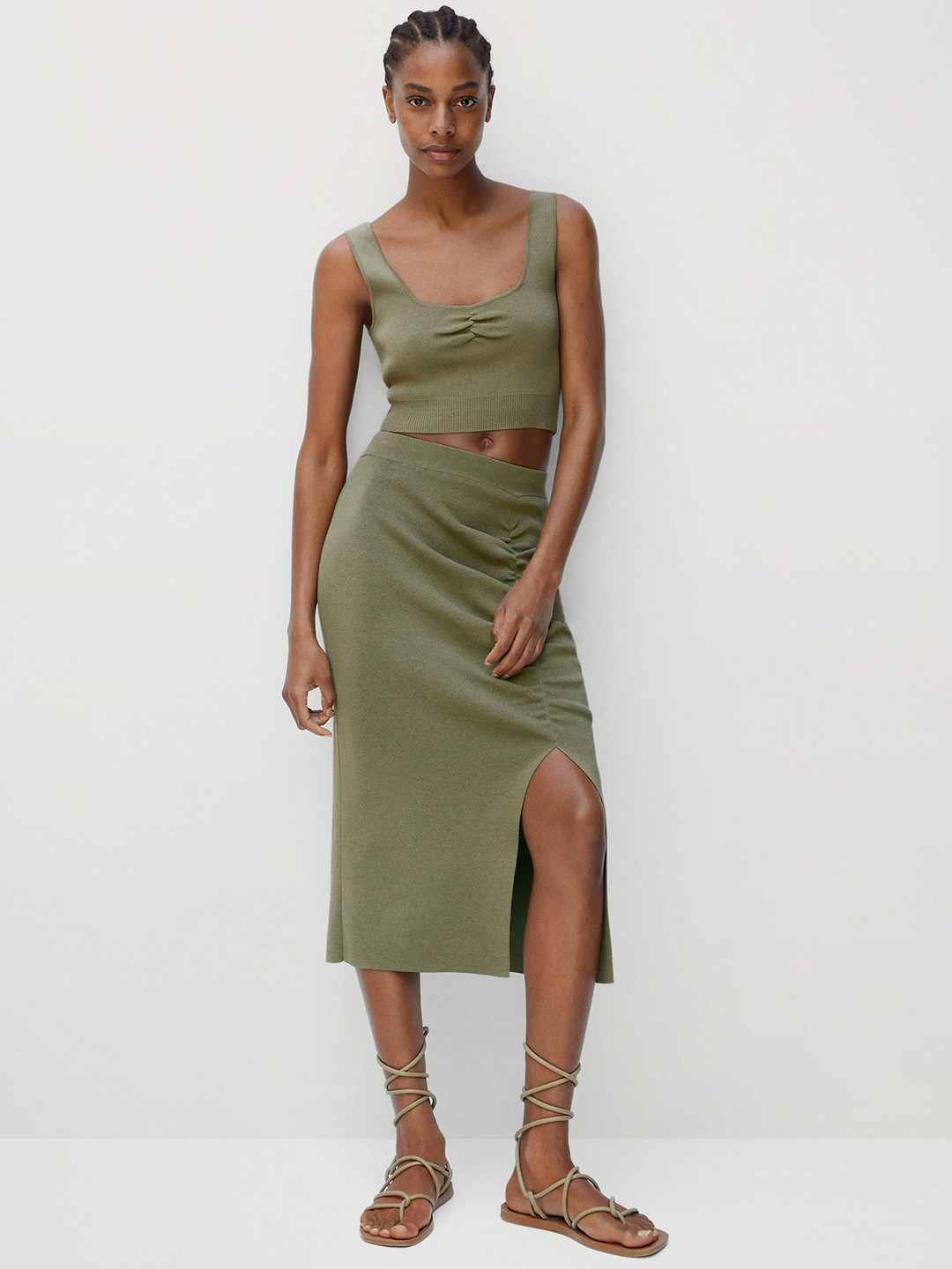 MANGO Olive Green Ruched Front Slit Straight Skirt