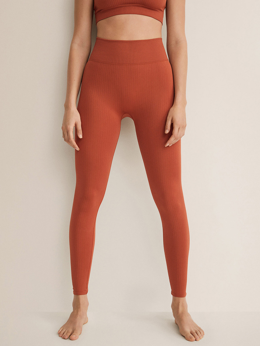 MANGO Women Rust Orange High-Rise Ribbed Seamless Leggings