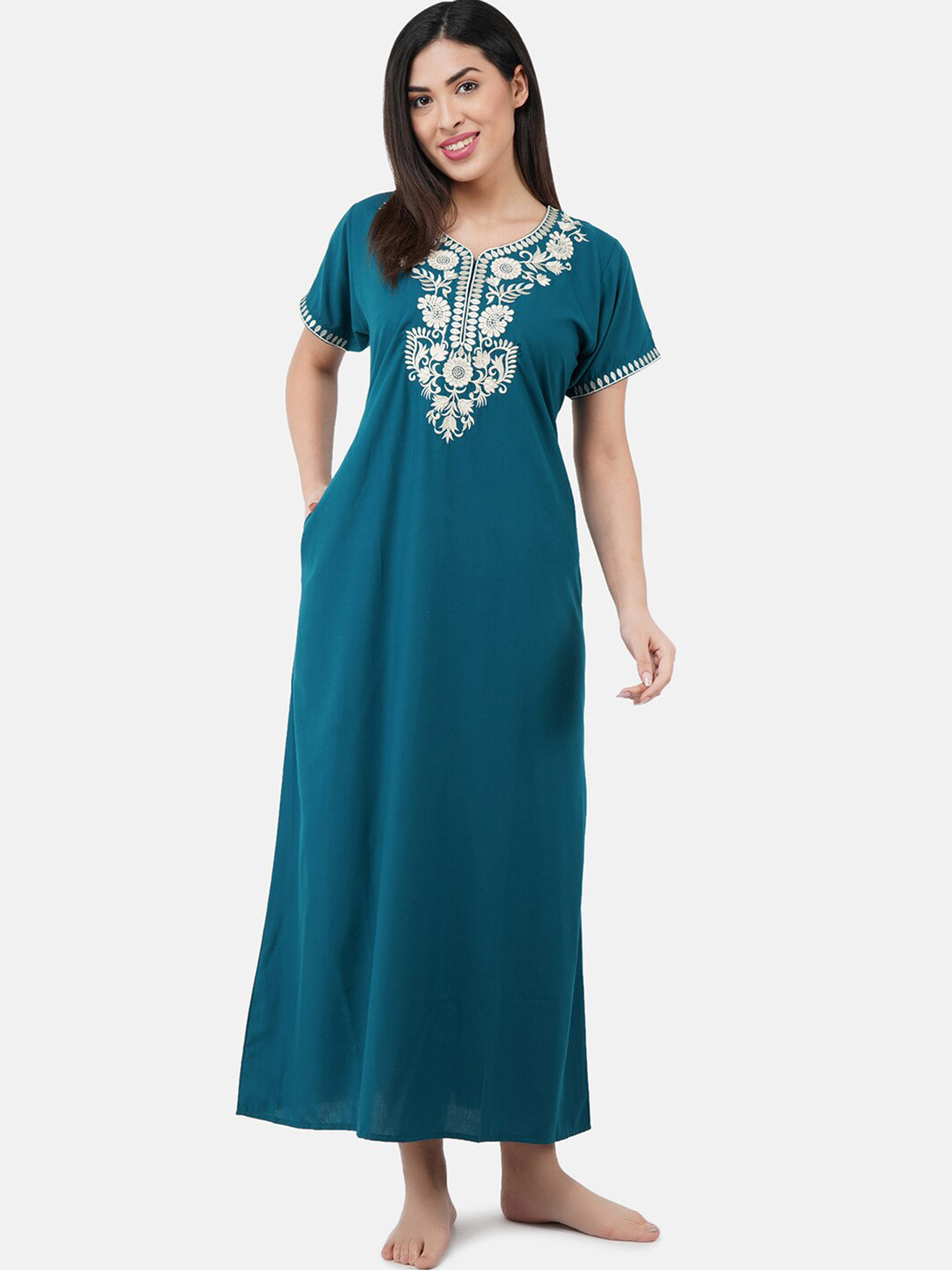 KOI SLEEPWEAR Teal & White Embroidered Cotton Nightdress