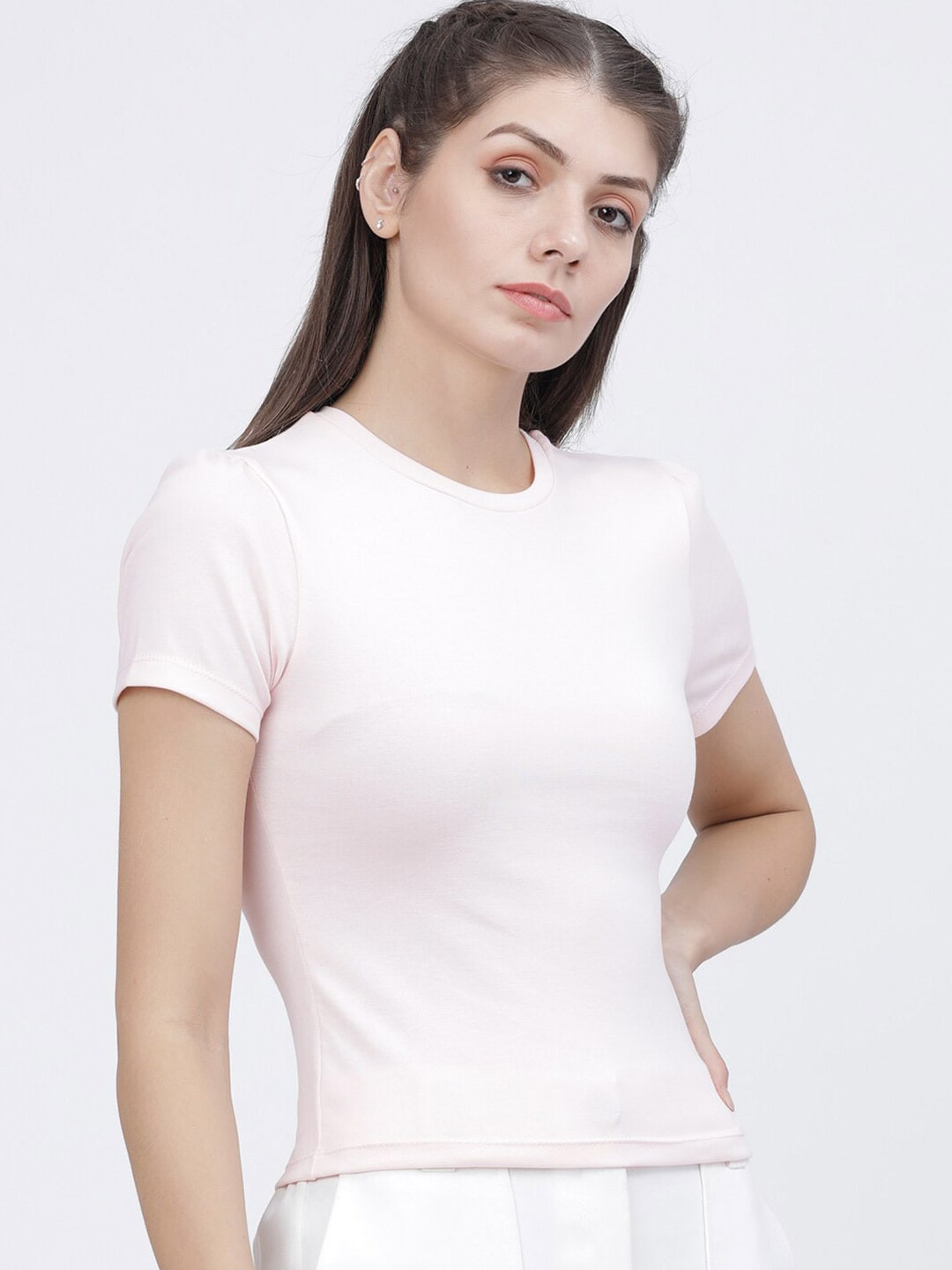 Basics By Tokyo Talkies Women Pink Solid Cotton T-shirt