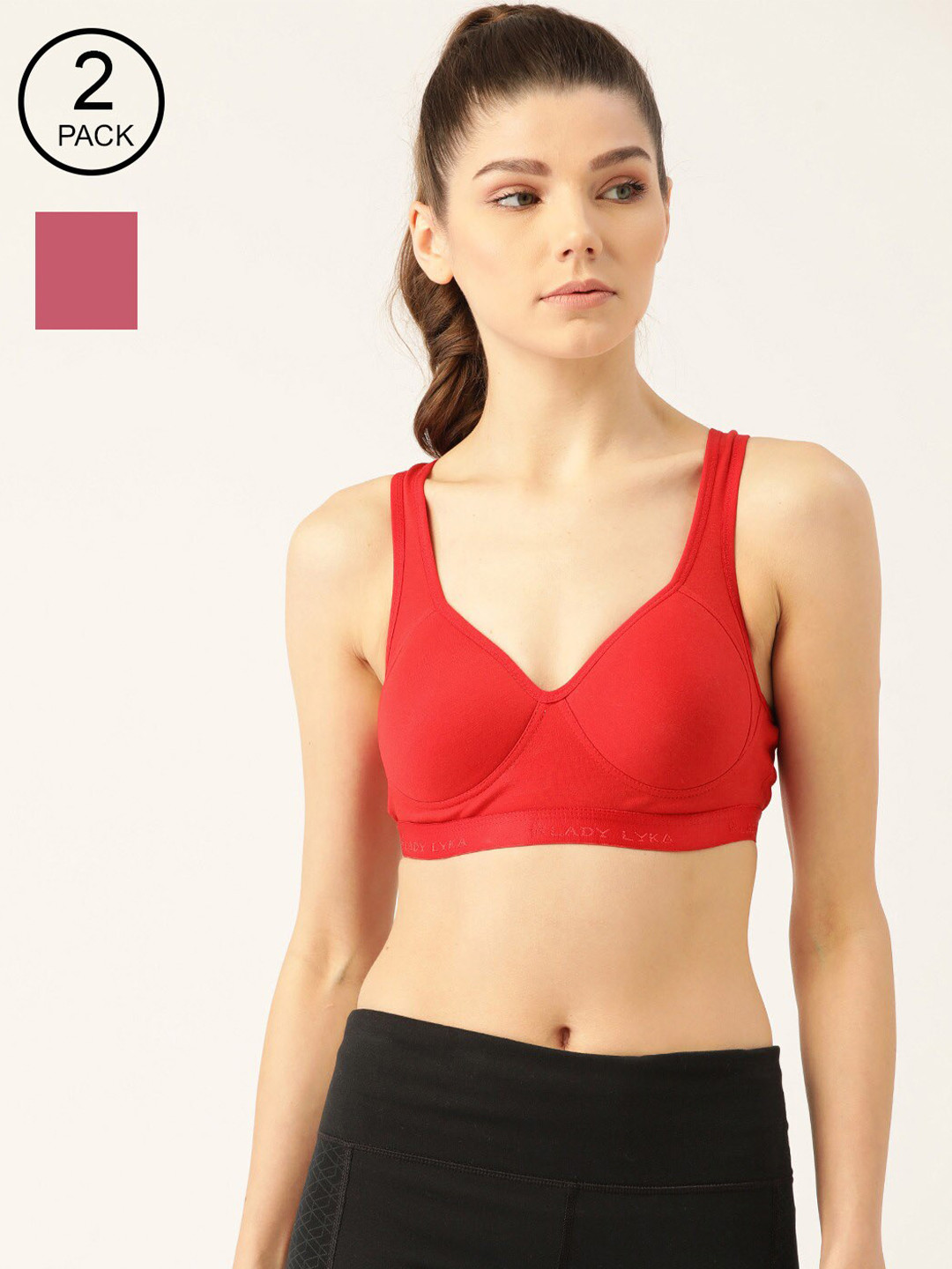 Lady Lyka Pack Of 2 Solid Non-Wired Lightly Padded Workout Bra PROVOGUE-PNCH-RED-Multi