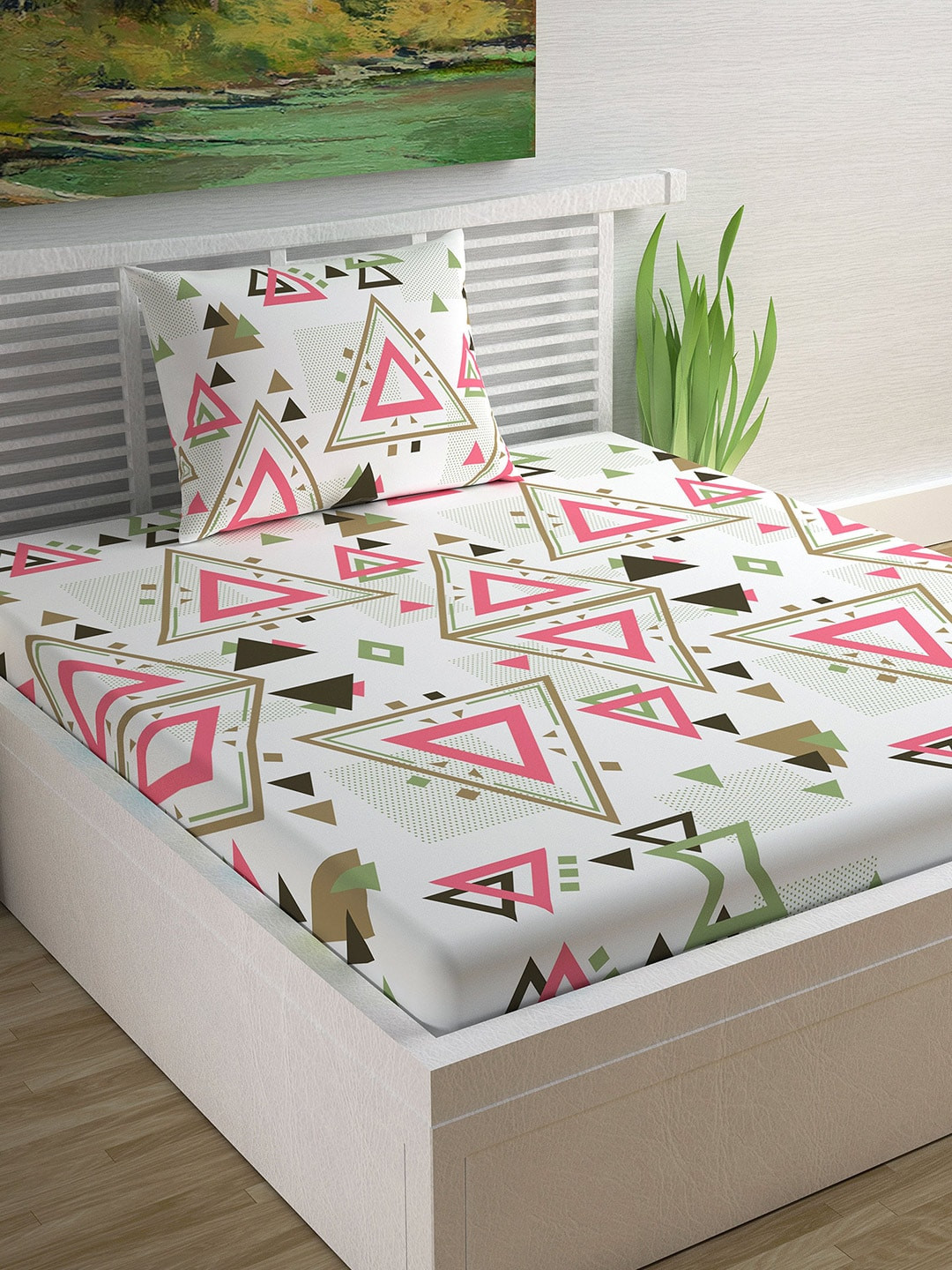 Divine Casa White Geometric Cotton 120 TC Single Bedsheet with a Pillow Cover-87 x 55 inches