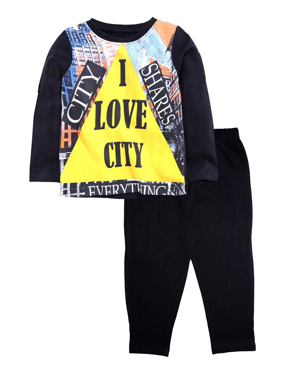 KiddoPanti Boys Black & Yellow Printed Cotton Night Suit