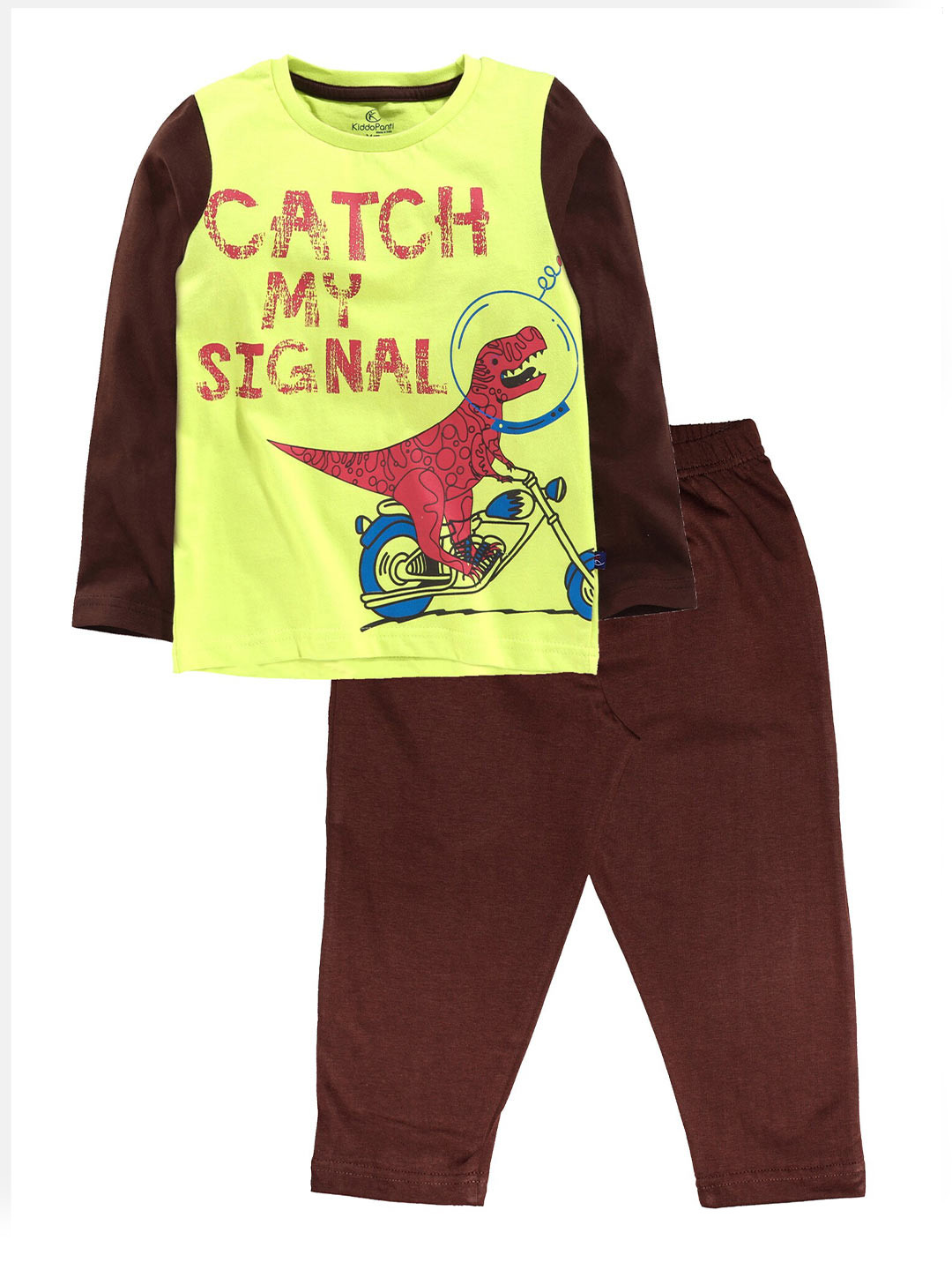 KiddoPanti Boys Yellow & Brown Printed Night suit