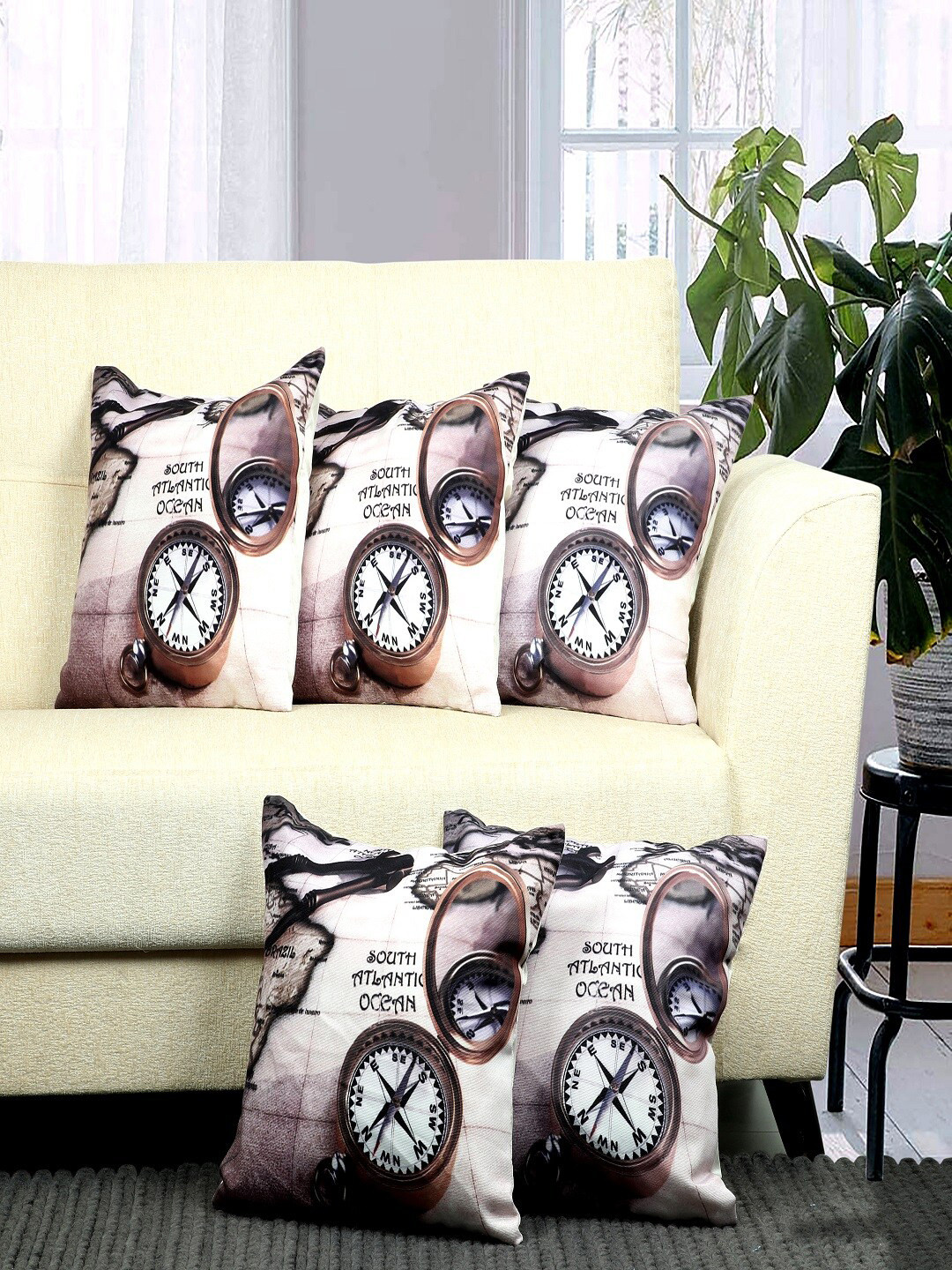BELLA TRUE Brown Typography Polyester Washable 5 Piece Square Cushion Covers -16x16In