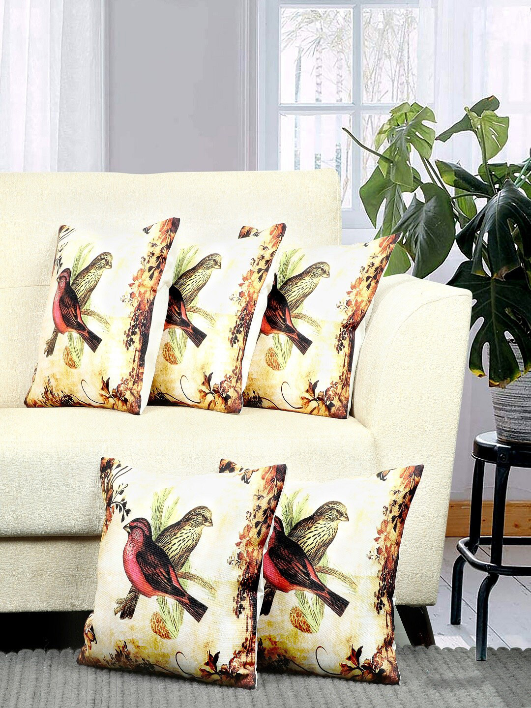 BELLA TRUE Birds Quirky Polyester Washable 5 Pcs Square Cushion Covers - 15.7 x 15.7 In