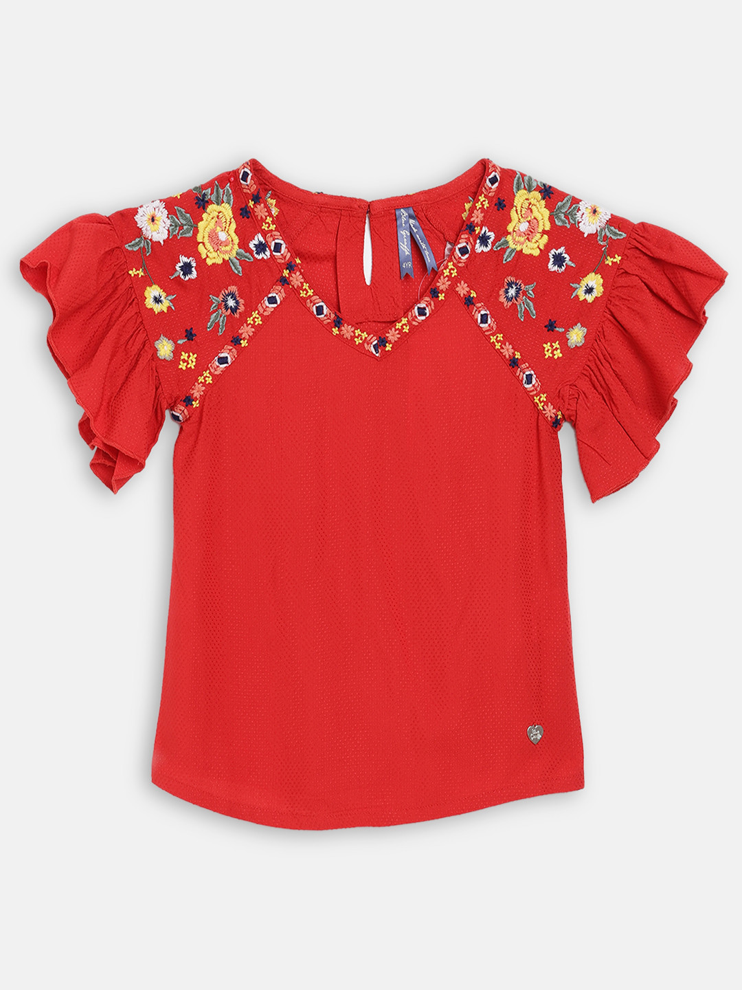 Blue Giraffe Red Embroidered Detail Bell Sleeves Regular Top