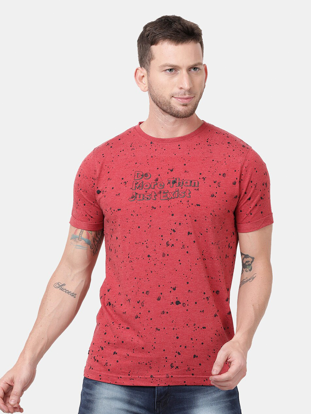 t-base Men Red Printed Round Neck Pure Cotton T-shirt